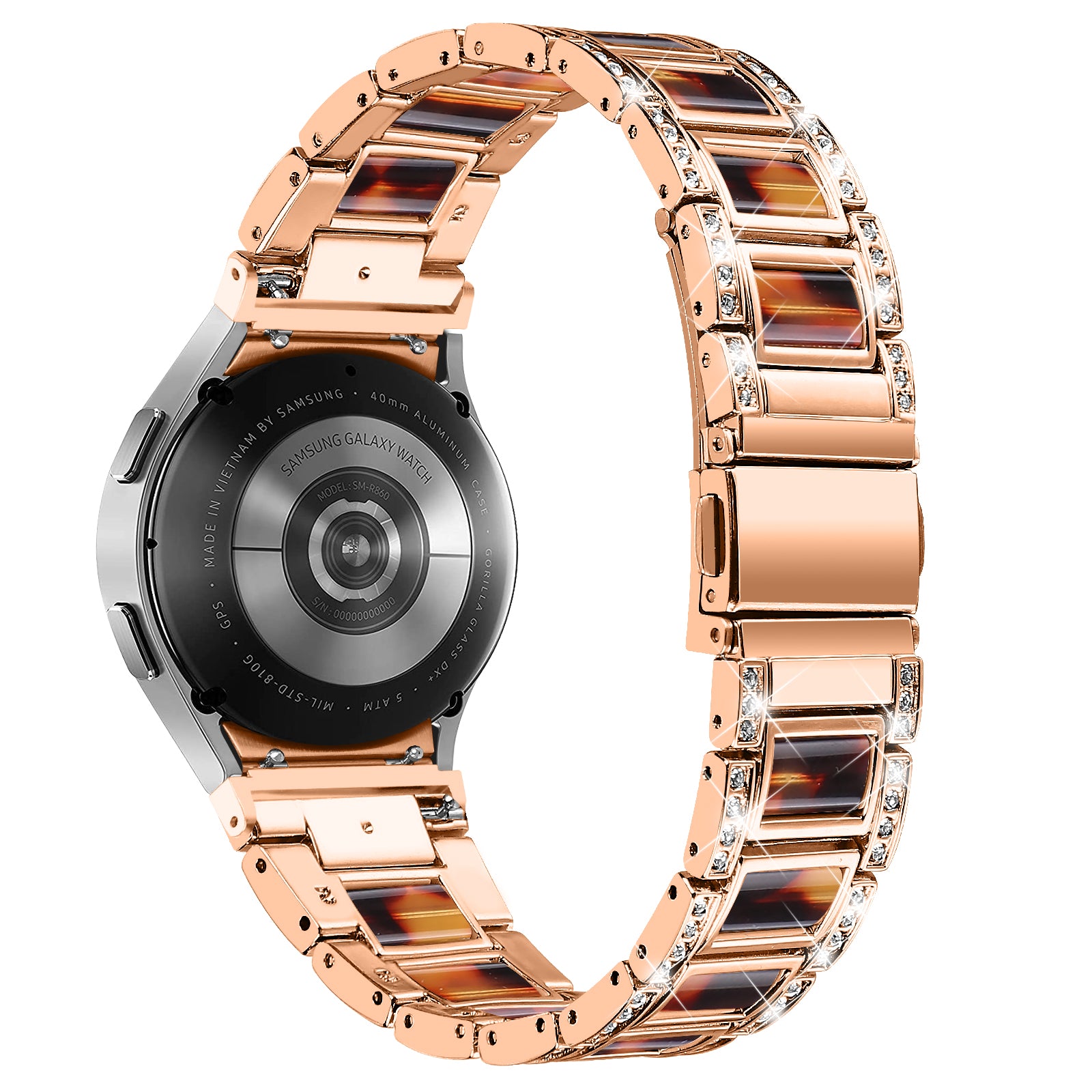 for Samsung Galaxy Watch4 Active 40mm/44mm/Watch4 Classic 42mm/46mm Rhinestone Decor Stainless Steel Resin Watch Band with Watch Strap Adapter - Rose Gold/White