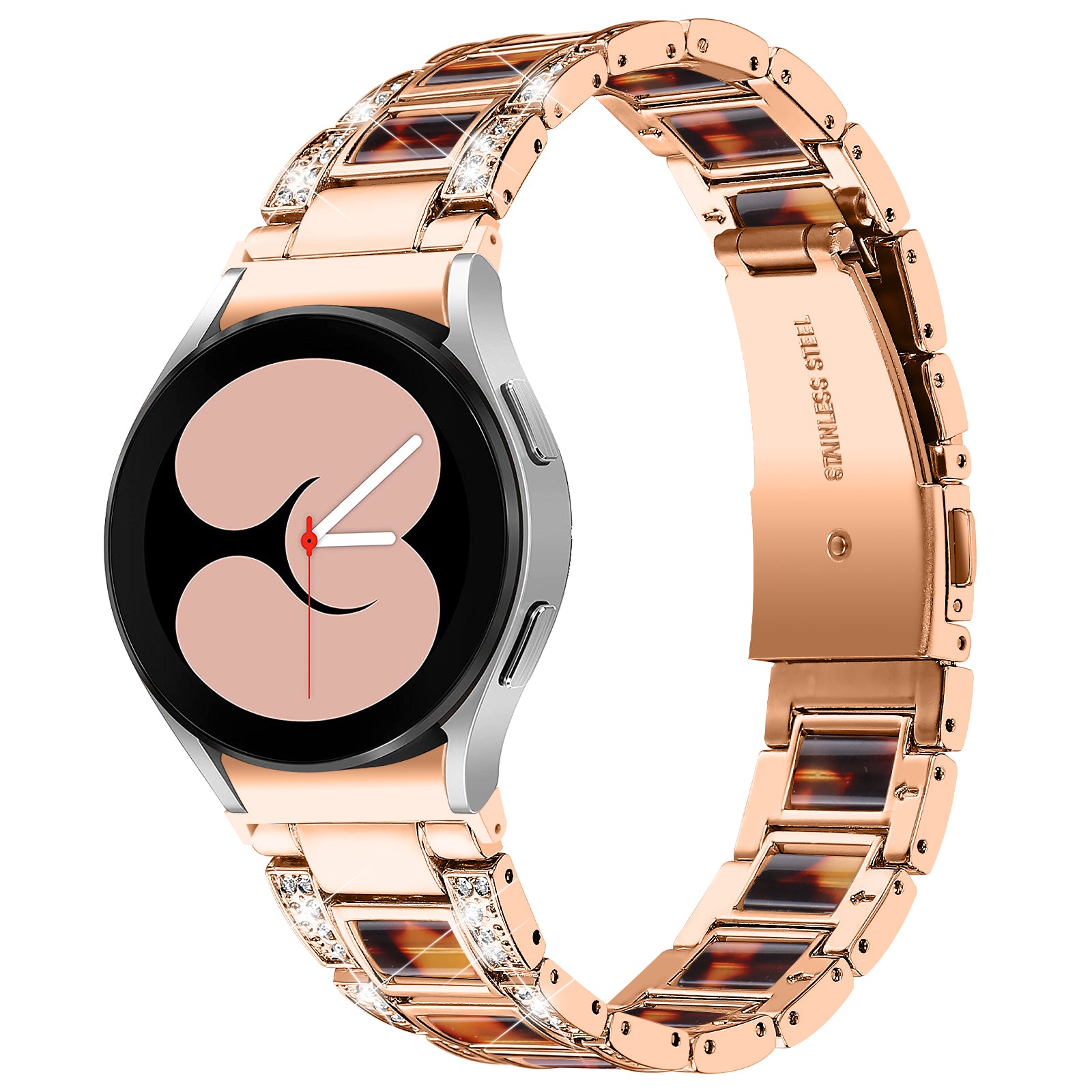 for Samsung Galaxy Watch4 Active 40mm/44mm/Watch4 Classic 42mm/46mm Rhinestone Decor Stainless Steel Resin Watch Band with Watch Strap Adapter - Rose Gold/Tortoiseshell Color