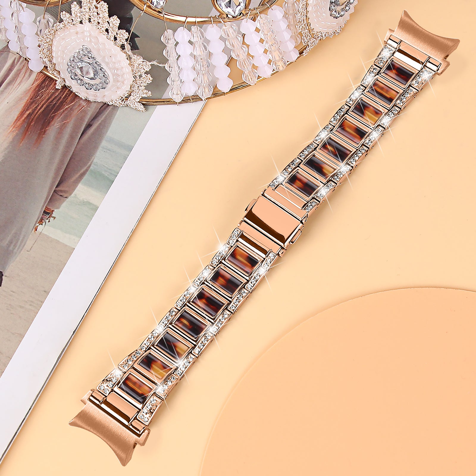 for Samsung Galaxy Watch4 Active 40mm/44mm/Watch4 Classic 42mm/46mm Rhinestone Decor Stainless Steel Resin Watch Band with Watch Strap Adapter - Rose Gold/Tortoiseshell Color