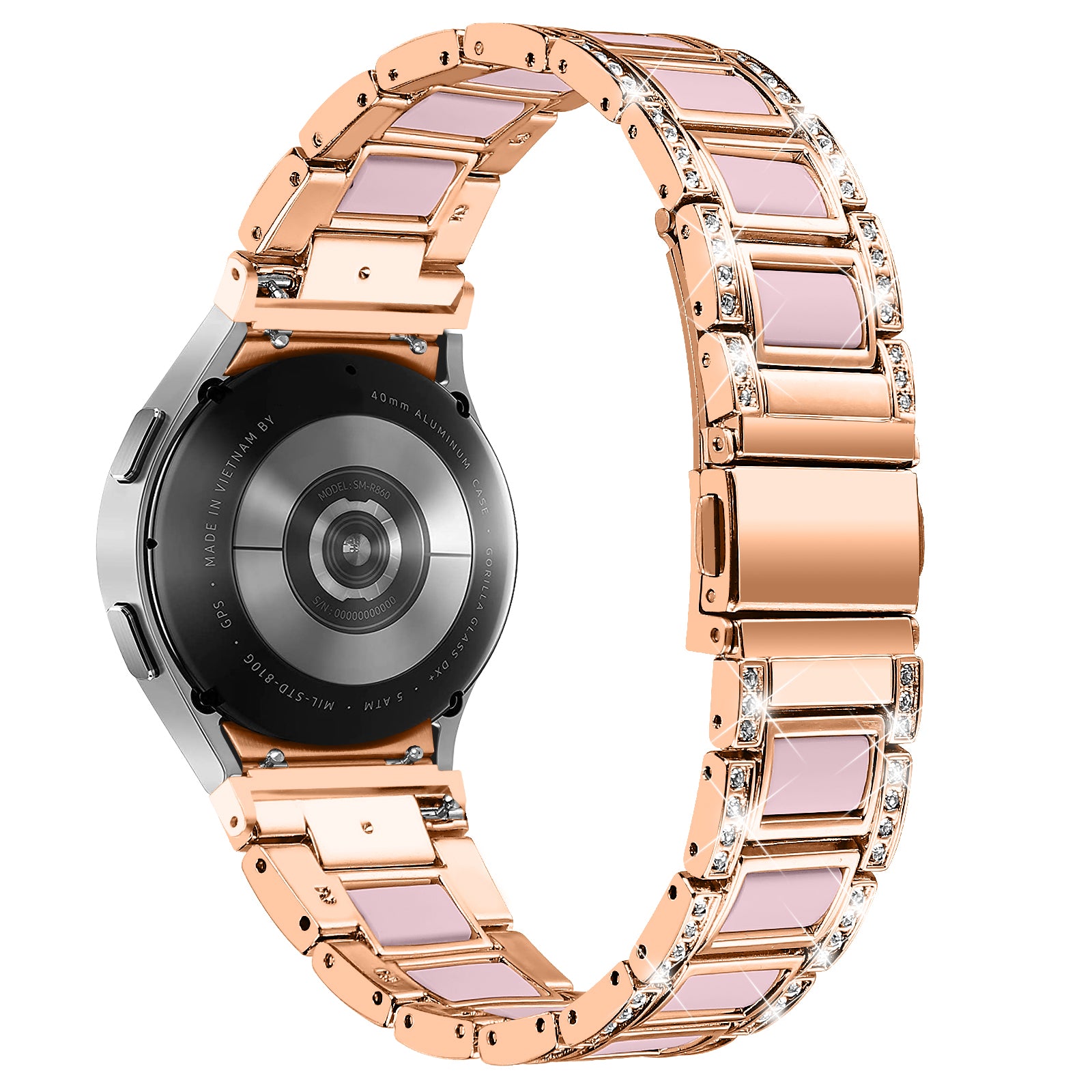 for Samsung Galaxy Watch4 Active 40mm/44mm/Watch4 Classic 42mm/46mm Rhinestone Decor Stainless Steel Resin Watch Band with Watch Strap Adapter - Rose Gold/Pink