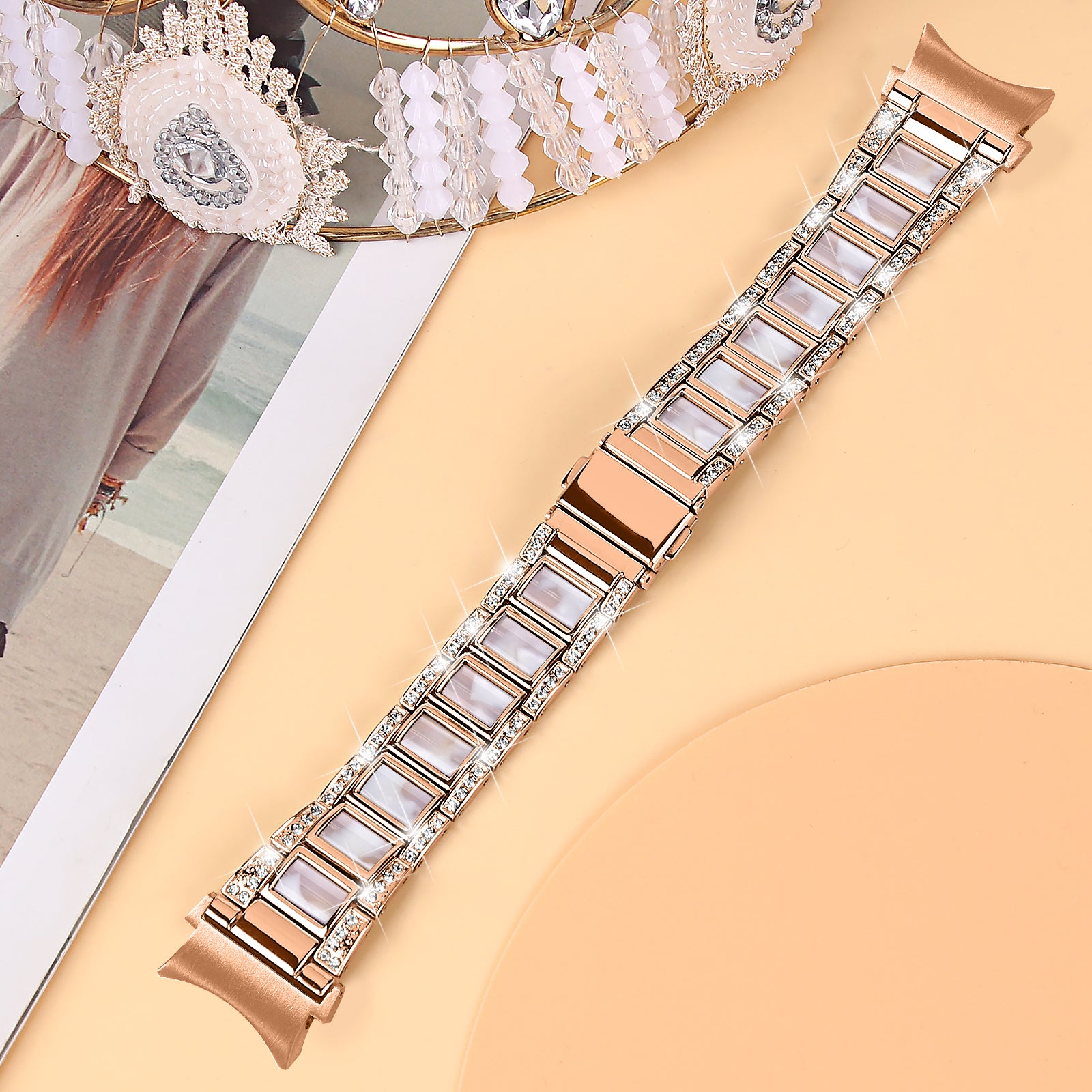 for Samsung Galaxy Watch4 Active 40mm/44mm/Watch4 Classic 42mm/46mm Rhinestone Decor Stainless Steel Resin Watch Band with Watch Strap Adapter - Rose Gold/Pink Mix