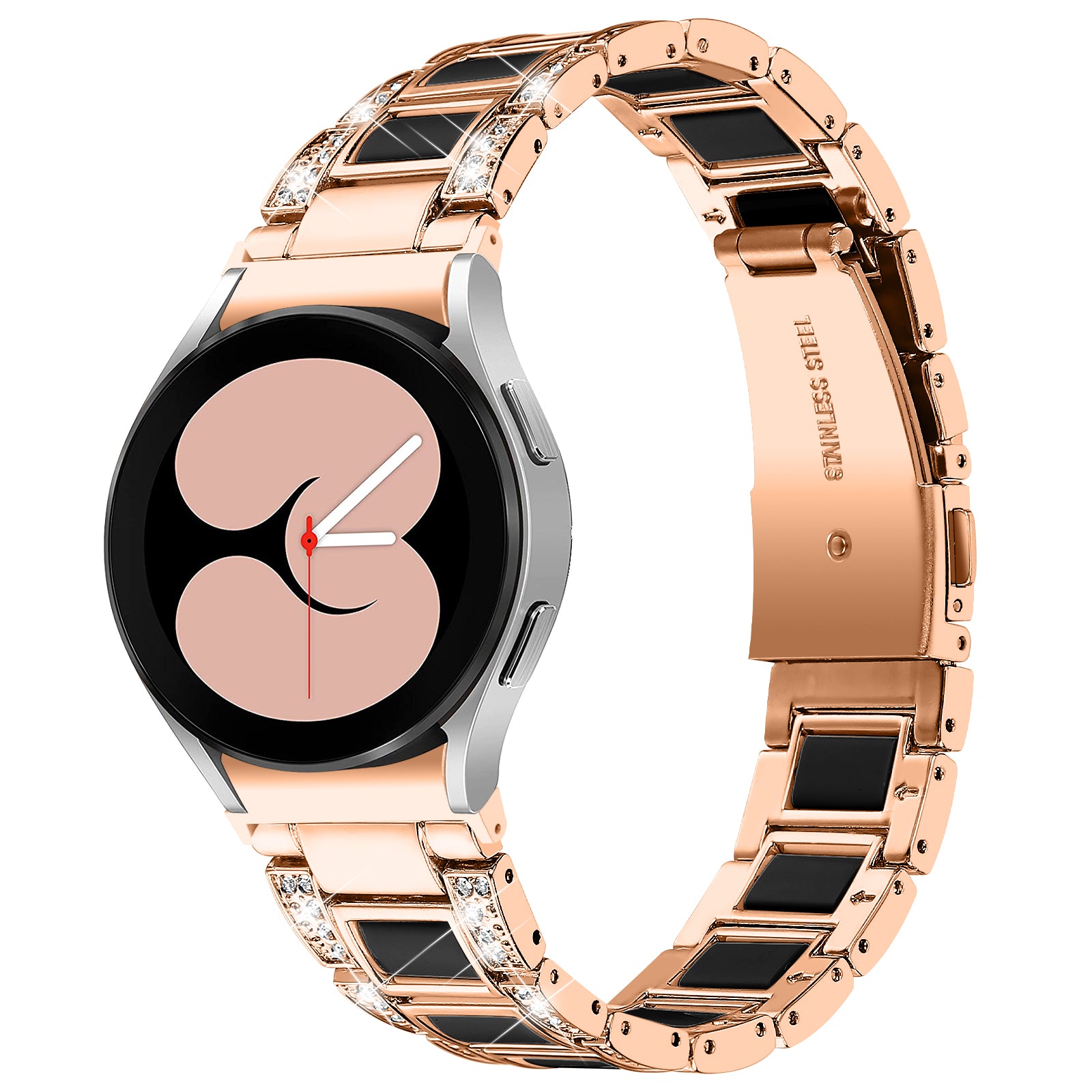 for Samsung Galaxy Watch4 Active 40mm/44mm/Watch4 Classic 42mm/46mm Rhinestone Decor Stainless Steel Resin Watch Band with Watch Strap Adapter - Rose Gold/Black