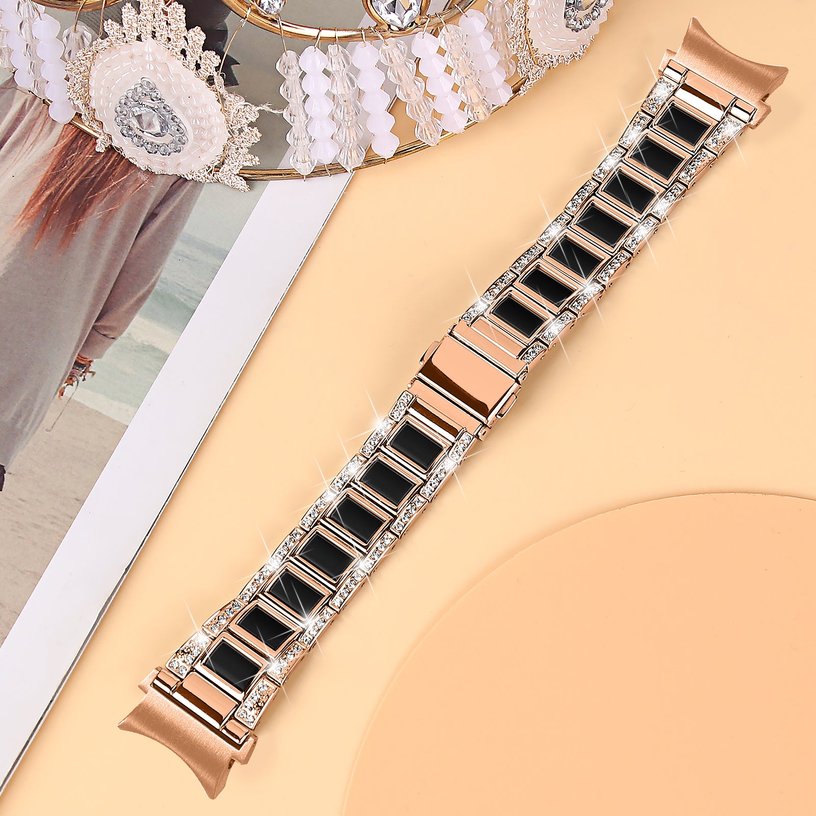 for Samsung Galaxy Watch4 Active 40mm/44mm/Watch4 Classic 42mm/46mm Rhinestone Decor Stainless Steel Resin Watch Band with Watch Strap Adapter - Rose Gold/Black