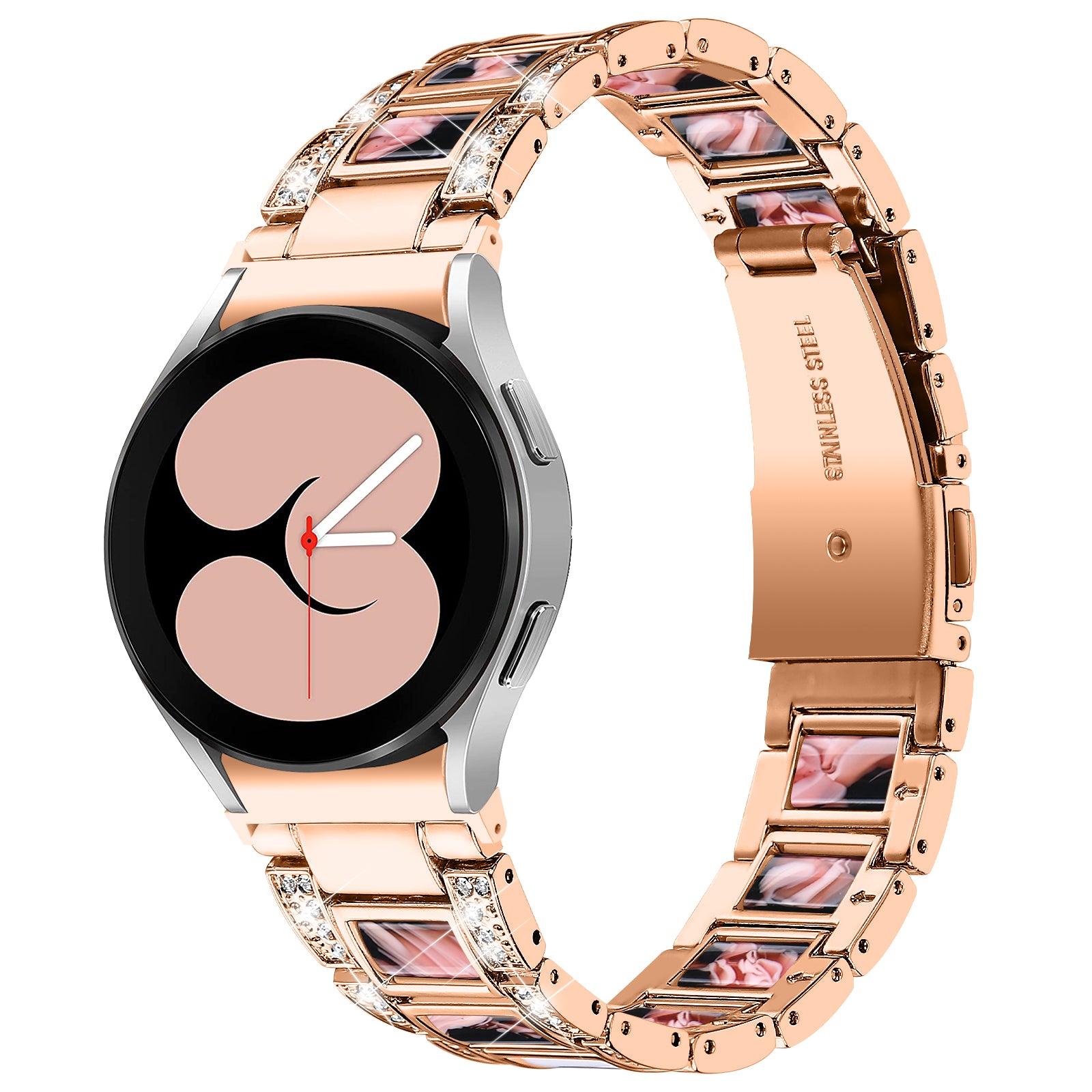 for Samsung Galaxy Watch4 Active 40mm/44mm/Watch4 Classic 42mm/46mm Rhinestone Decor Stainless Steel Resin Watch Band with Watch Strap Adapter - Rose Gold/Black Pink Mix