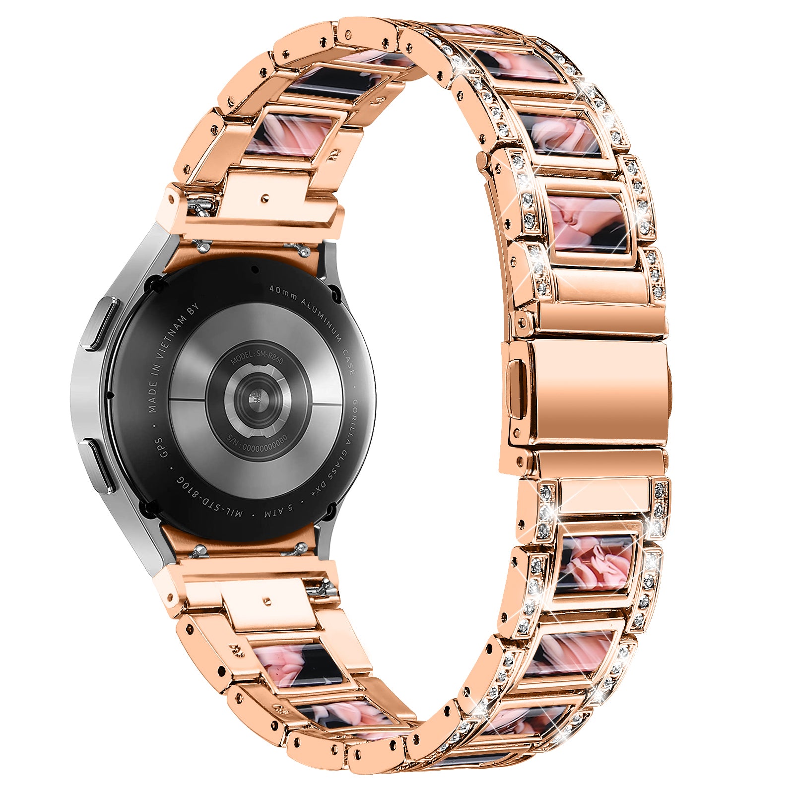 for Samsung Galaxy Watch4 Active 40mm/44mm/Watch4 Classic 42mm/46mm Rhinestone Decor Stainless Steel Resin Watch Band with Watch Strap Adapter - Rose Gold/Black Pink Mix