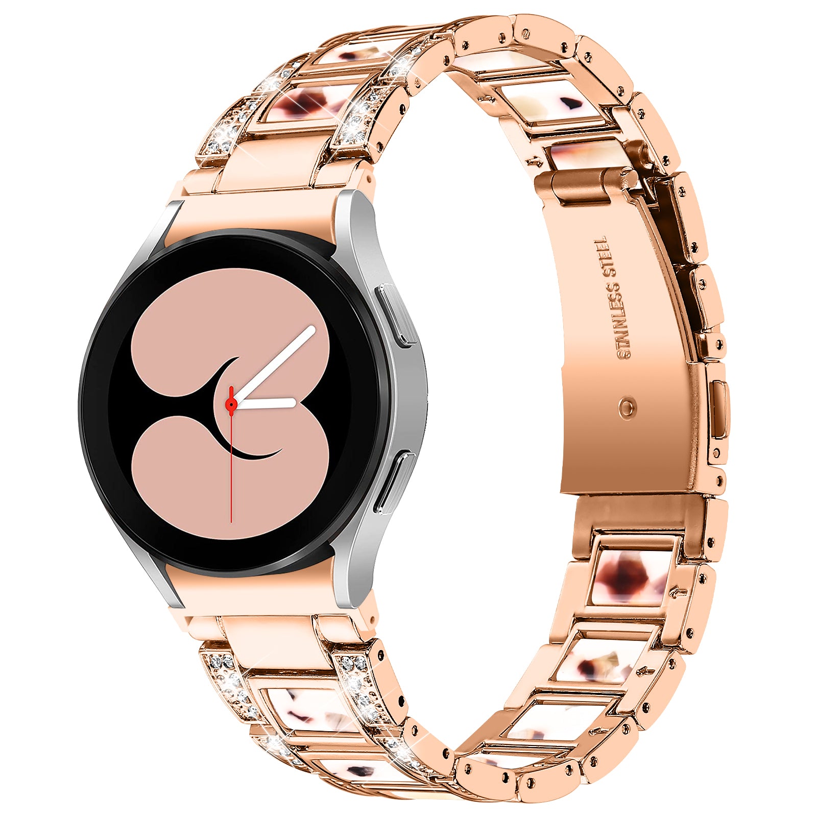 for Samsung Galaxy Watch4 Active 40mm/44mm/Watch4 Classic 42mm/46mm Rhinestone Decor Stainless Steel Resin Watch Band with Watch Strap Adapter - Rose Gold/Nougat Pattern