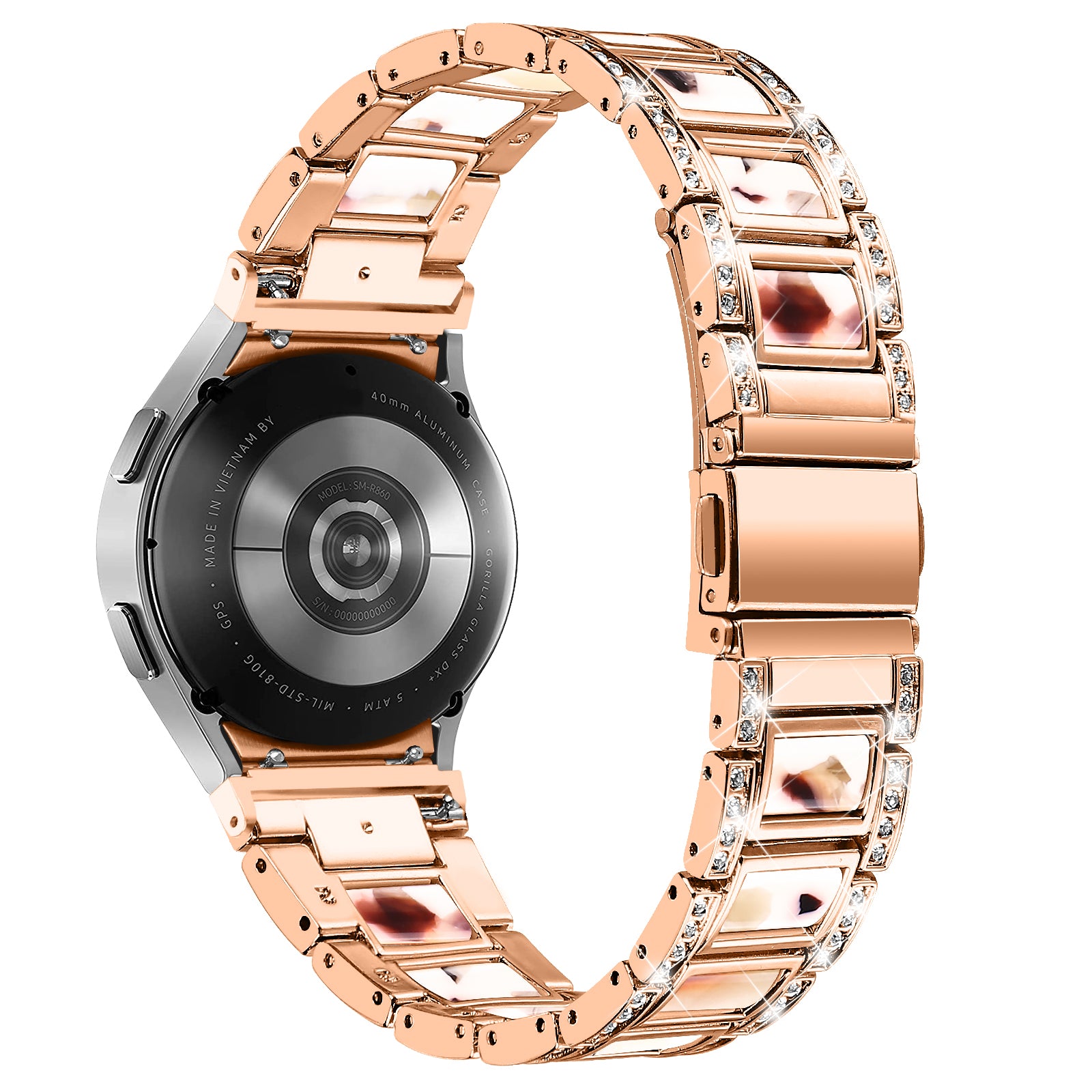 for Samsung Galaxy Watch4 Active 40mm/44mm/Watch4 Classic 42mm/46mm Rhinestone Decor Stainless Steel Resin Watch Band with Watch Strap Adapter - Rose Gold/Nougat Pattern