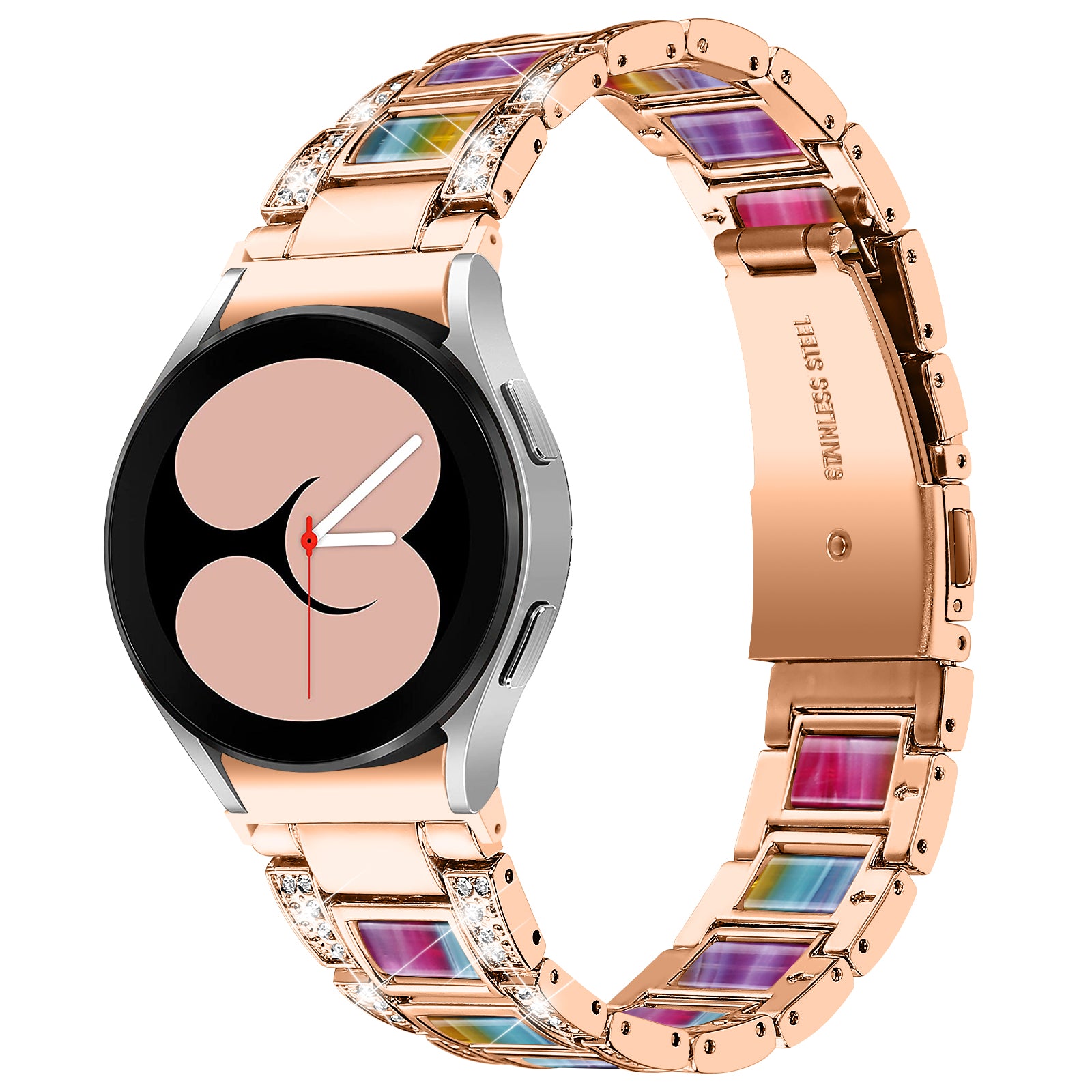 for Samsung Galaxy Watch4 Active 40mm/44mm/Watch4 Classic 42mm/46mm Rhinestone Decor Stainless Steel Resin Watch Band with Watch Strap Adapter - Rose Gold/Purple Green Mix