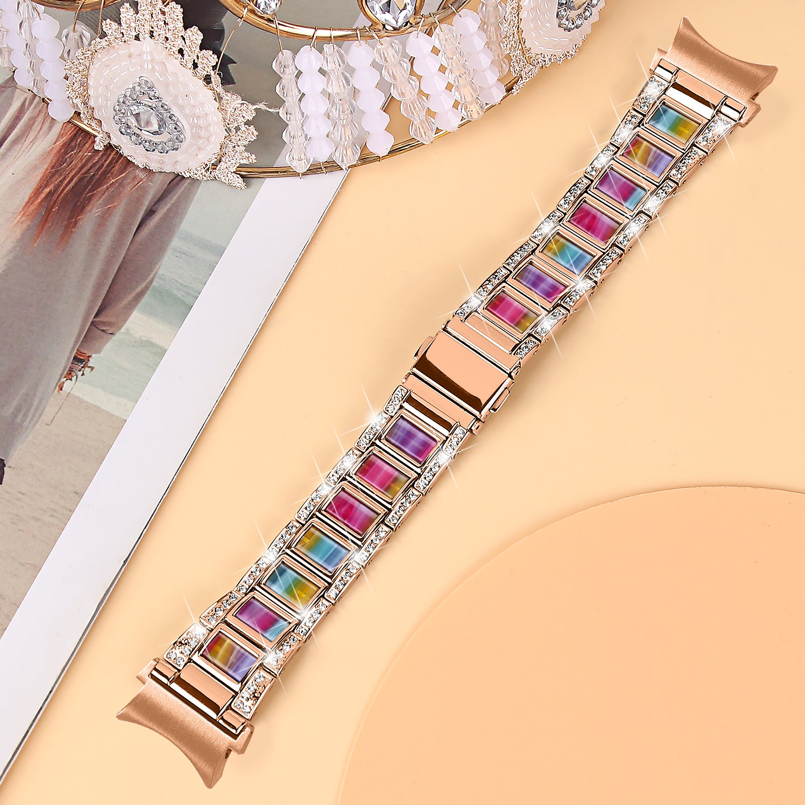for Samsung Galaxy Watch4 Active 40mm/44mm/Watch4 Classic 42mm/46mm Rhinestone Decor Stainless Steel Resin Watch Band with Watch Strap Adapter - Rose Gold/Purple Green Mix