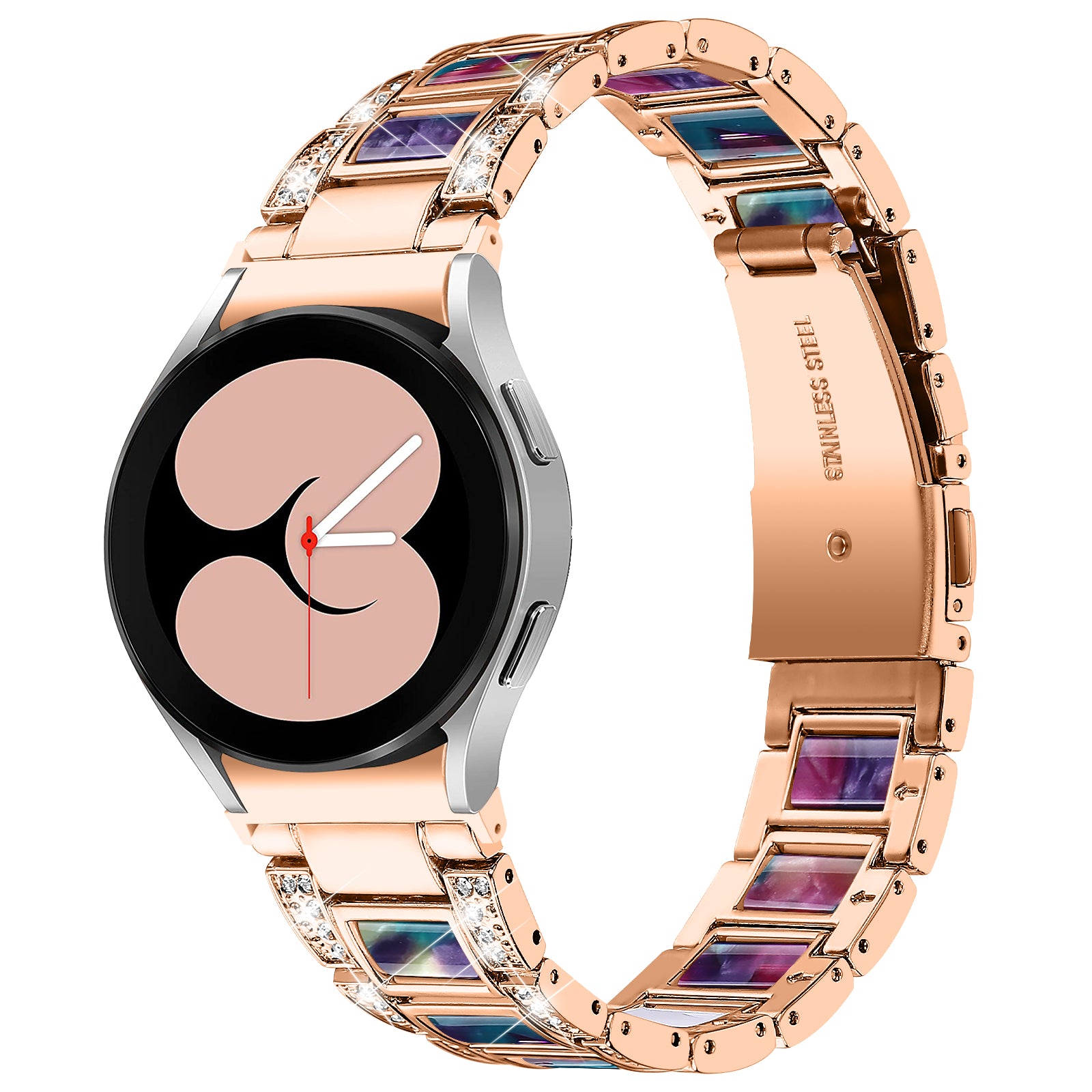 for Samsung Galaxy Watch4 Active 40mm/44mm/Watch4 Classic 42mm/46mm Rhinestone Decor Stainless Steel Resin Watch Band with Watch Strap Adapter - Rose Gold/Colorful