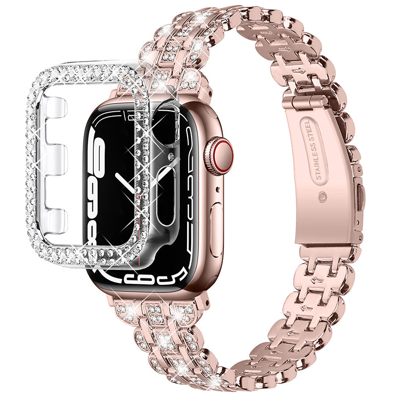 For Apple Watch Series 1 / 2 / 3 42mm Rhinestone Decor Stainless Steel Wrist Strap Watch Band with Hollow-out PC Watch Cover - Pink / Gold
