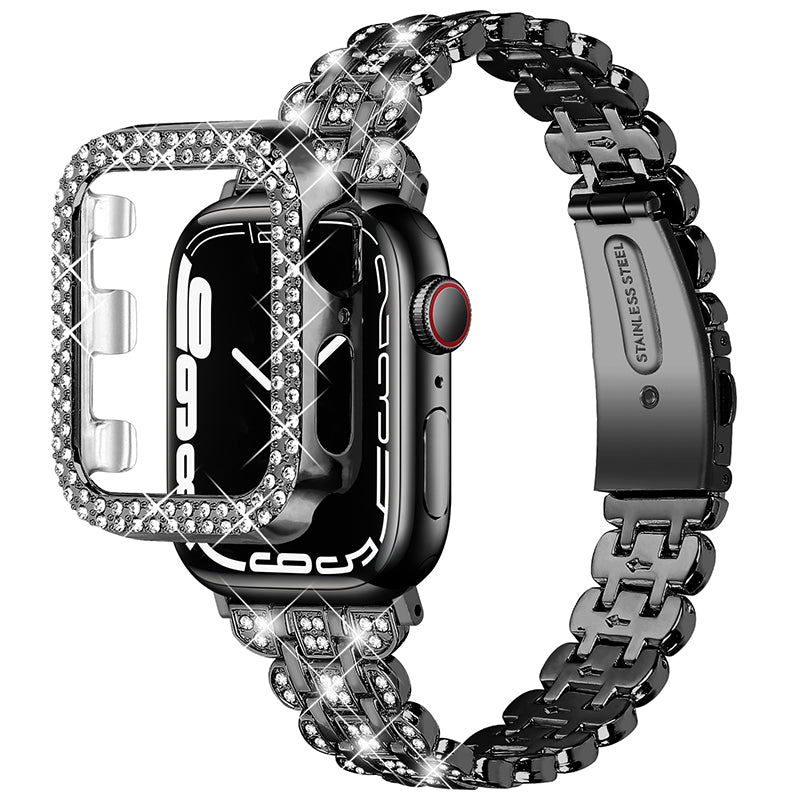 For Apple Watch Series 1 / 2 / 3 42mm Rhinestone Decor Stainless Steel Wrist Strap Watch Band with Hollow-out PC Watch Cover - Black