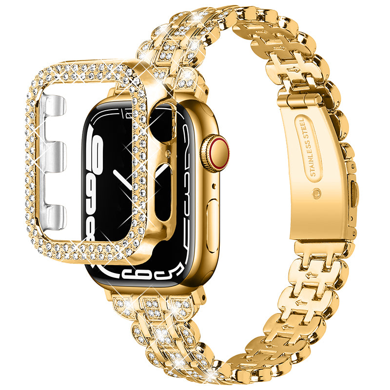 For Apple Watch Series 1 / 2 / 3 42mm Rhinestone Decor Stainless Steel Wrist Strap Watch Band with Hollow-out PC Watch Cover - Gold