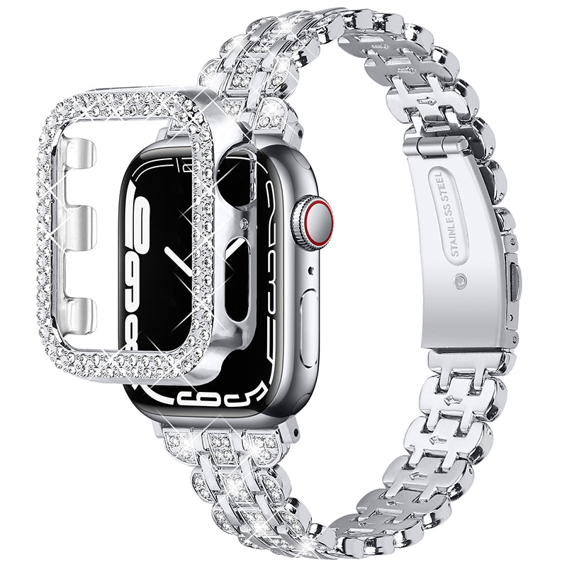 For Apple Watch Series 1 / 2 / 3 42mm Rhinestone Decor Stainless Steel Wrist Strap Watch Band with Hollow-out PC Watch Cover - Silver
