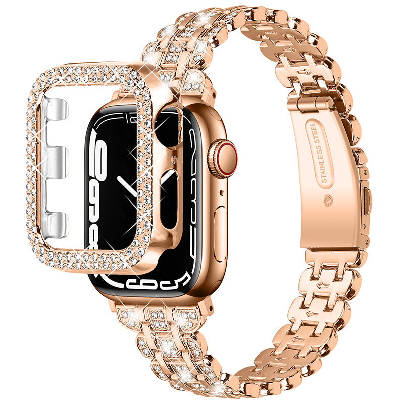 For Apple Watch Series 1 / 2 / 3 38mm Rhinestone Decor Stainless Steel Smart Watch Band with Hollow-out PC Watch Case - Rose Gold