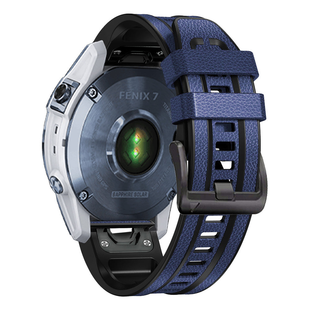 For Garmin Tactix 7 Pro / Fenix 7X / Fenix 6X Pro Quick Release Leather Coated Silicone Smart Watch Band Wrist Strap 26mm - Dark Blue