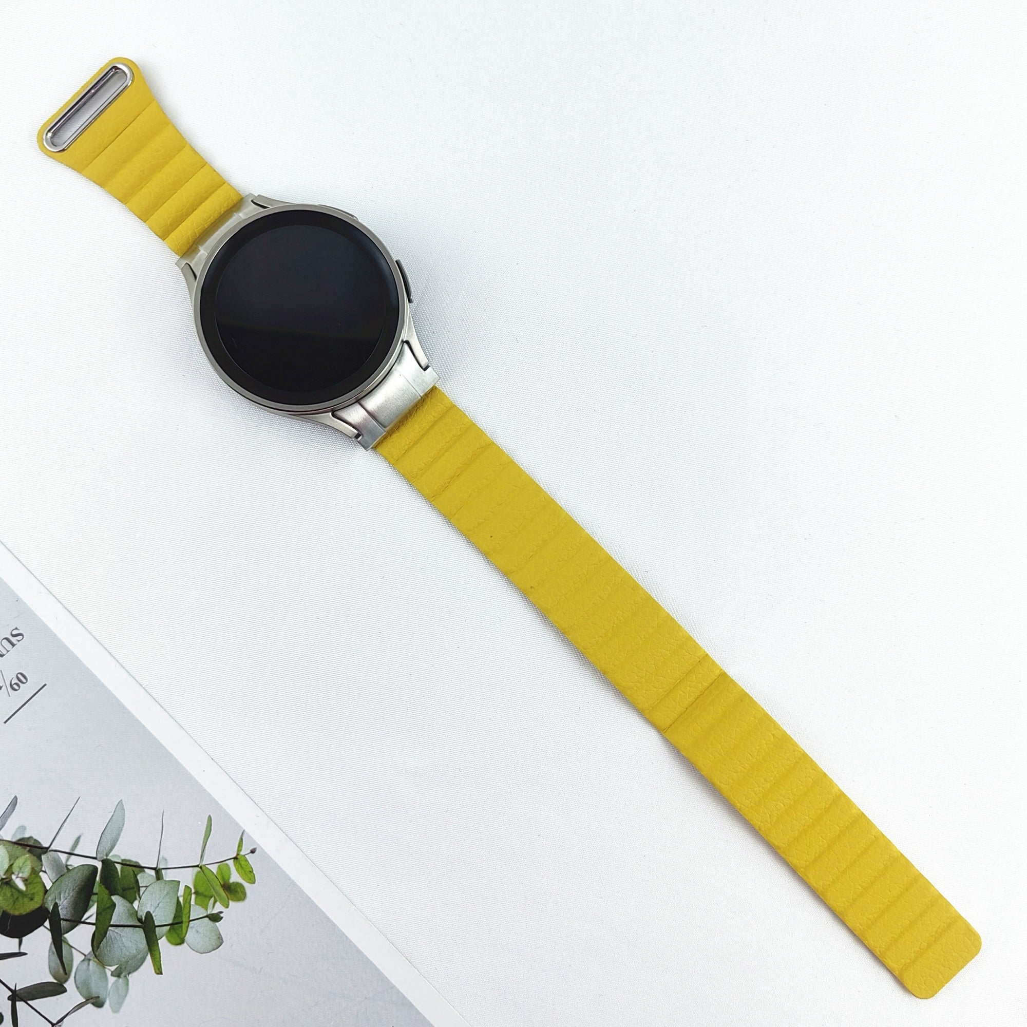 Magnetic Watch Band for Samsung Galaxy Watch6 40mm 44mm / Watch6 Classic 43mm 47mm / Watch 5 40mm 44mm / Watch4 40mm 44mm Genuine Leather Strap with Connector - Yellow