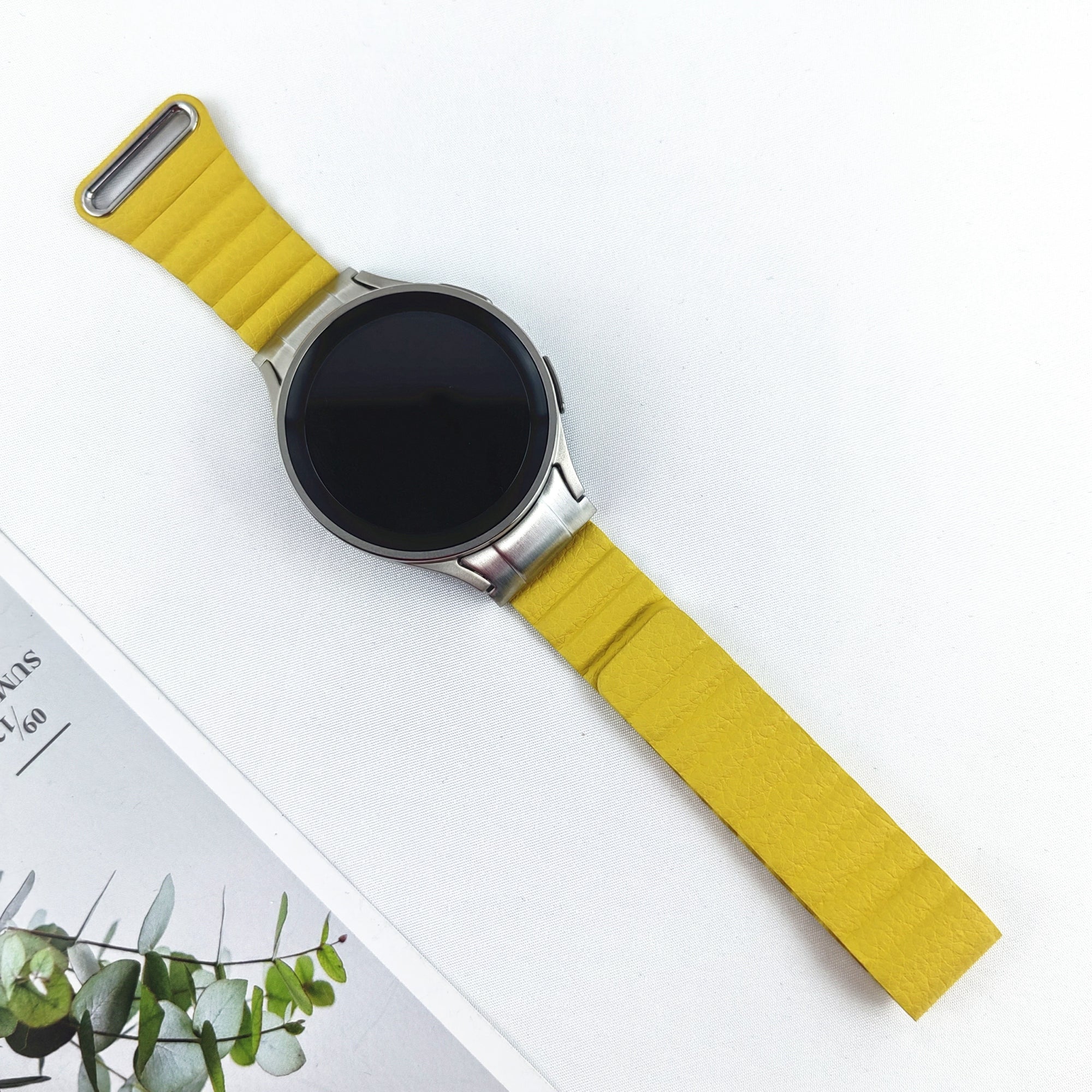 Magnetic Watch Band for Samsung Galaxy Watch6 40mm 44mm / Watch6 Classic 43mm 47mm / Watch 5 40mm 44mm / Watch4 40mm 44mm Genuine Leather Strap with Connector - Yellow