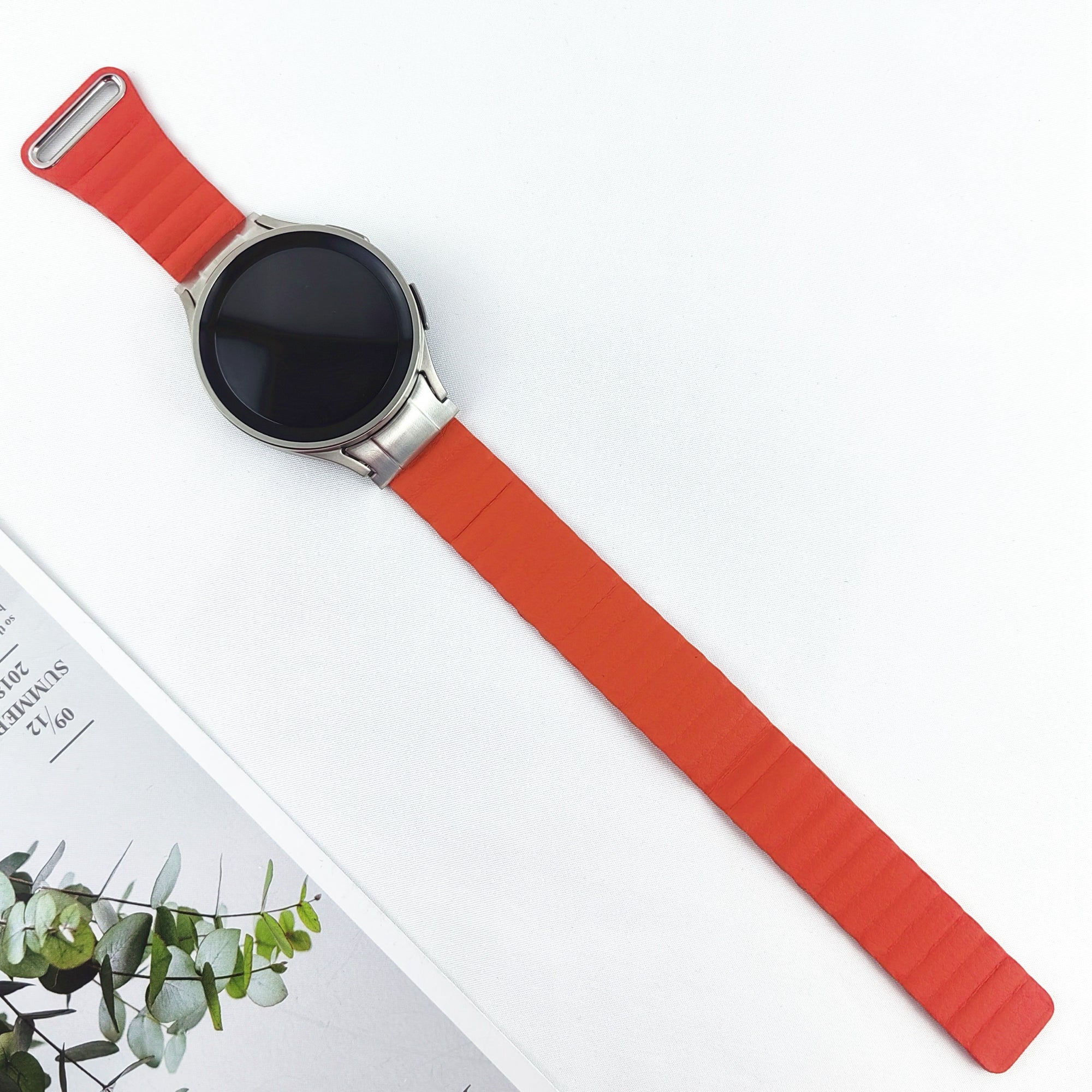 Magnetic Watch Band for Samsung Galaxy Watch6 40mm 44mm / Watch6 Classic 43mm 47mm / Watch 5 40mm 44mm / Watch4 40mm 44mm Genuine Leather Strap with Connector - Orange