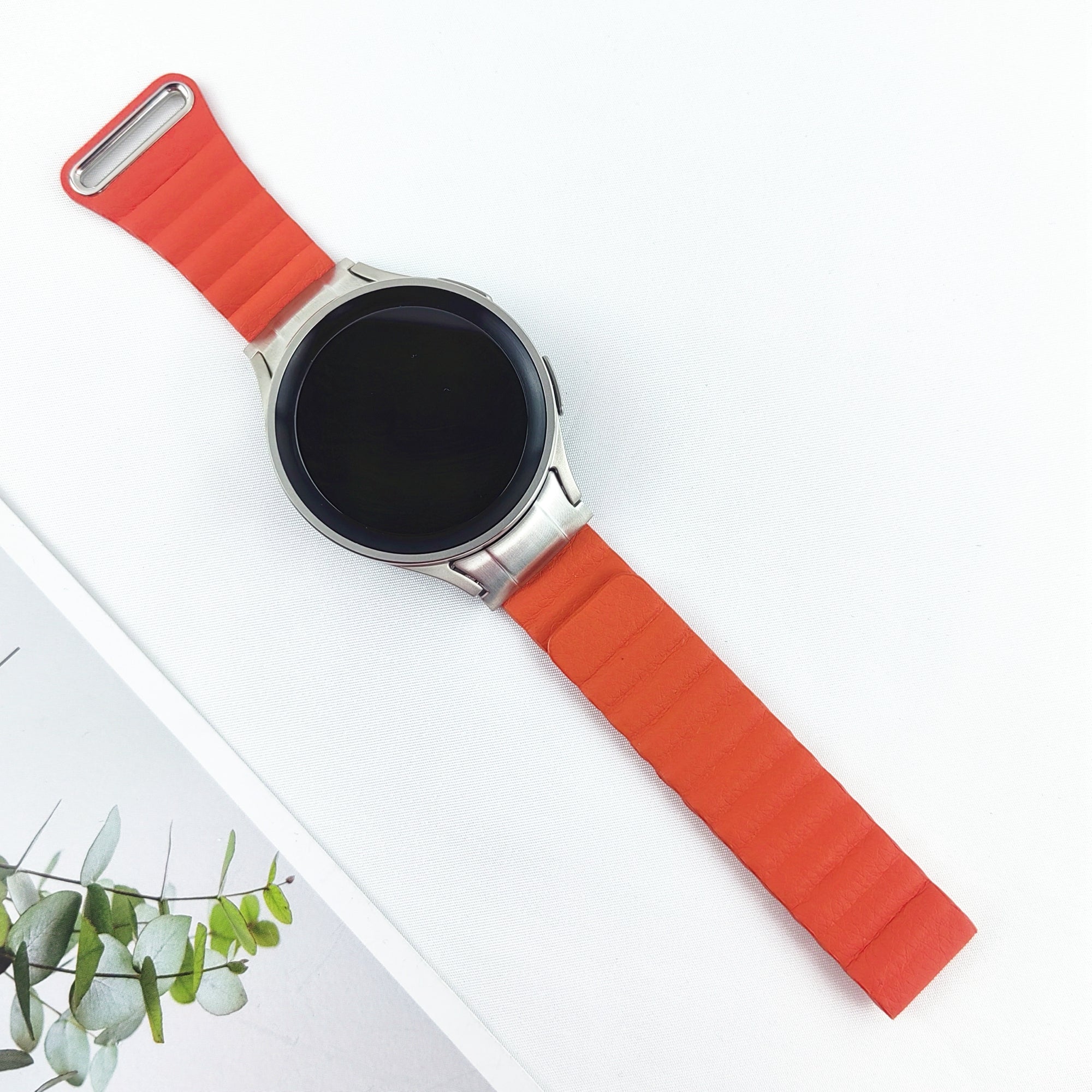 Magnetic Watch Band for Samsung Galaxy Watch6 40mm 44mm / Watch6 Classic 43mm 47mm / Watch 5 40mm 44mm / Watch4 40mm 44mm Genuine Leather Strap with Connector - Orange