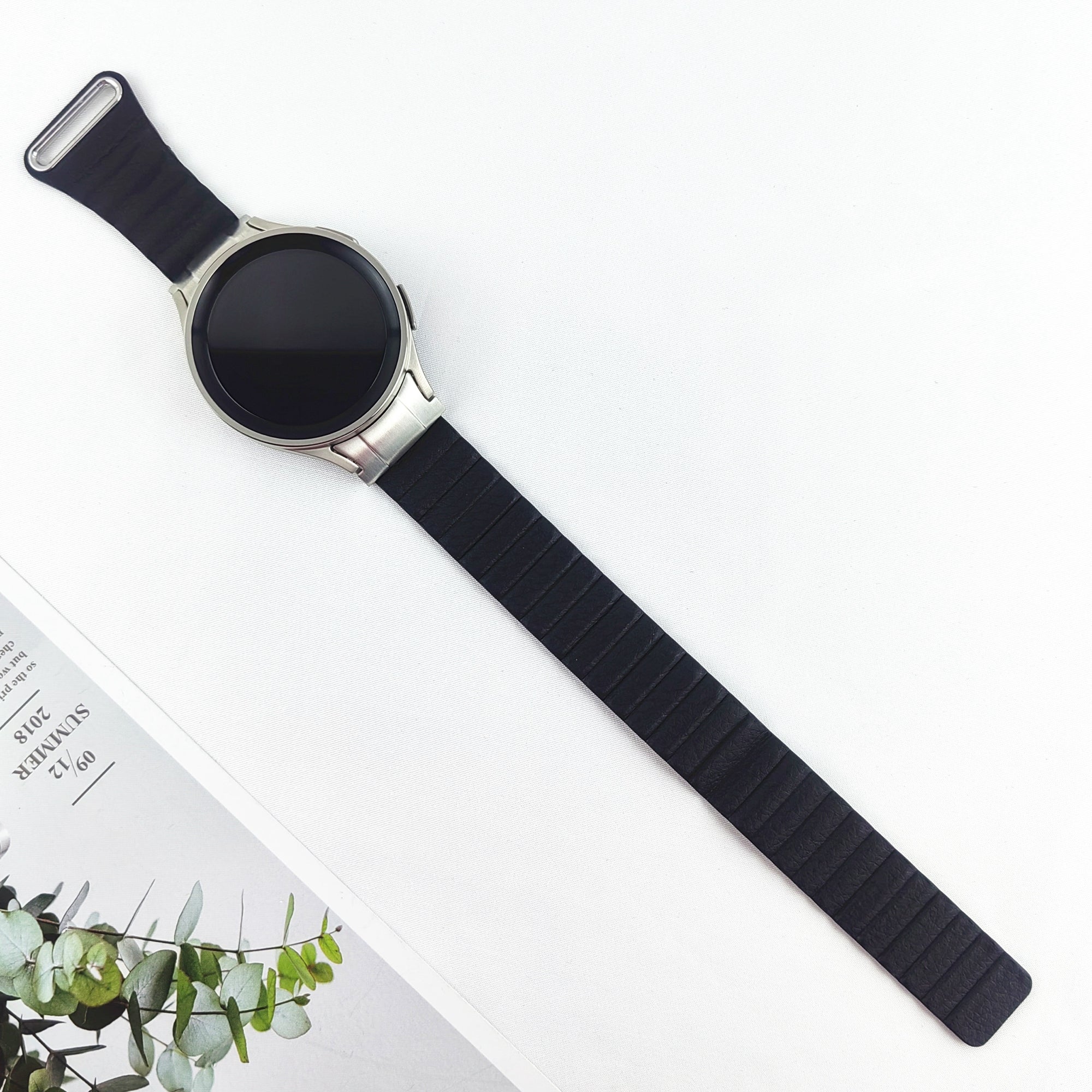 Magnetic Watch Band for Samsung Galaxy Watch6 40mm 44mm / Watch6 Classic 43mm 47mm / Watch 5 40mm 44mm / Watch4 40mm 44mm Genuine Leather Strap with Connector - Black