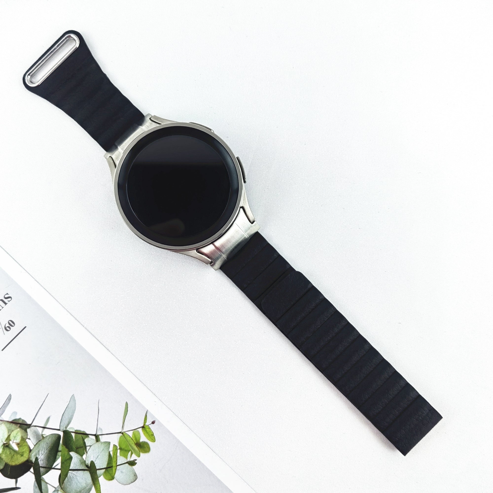 Magnetic Watch Band for Samsung Galaxy Watch6 40mm 44mm / Watch6 Classic 43mm 47mm / Watch 5 40mm 44mm / Watch4 40mm 44mm Genuine Leather Strap with Connector - Black