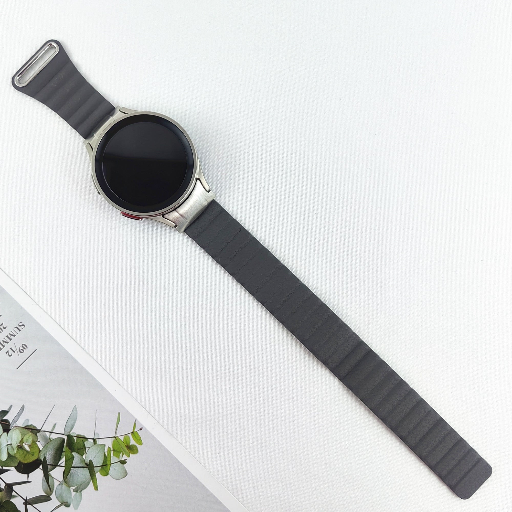 Magnetic Watch Band for Samsung Galaxy Watch6 40mm 44mm / Watch6 Classic 43mm 47mm / Watch 5 40mm 44mm / Watch4 40mm 44mm Genuine Leather Strap with Connector - Grey