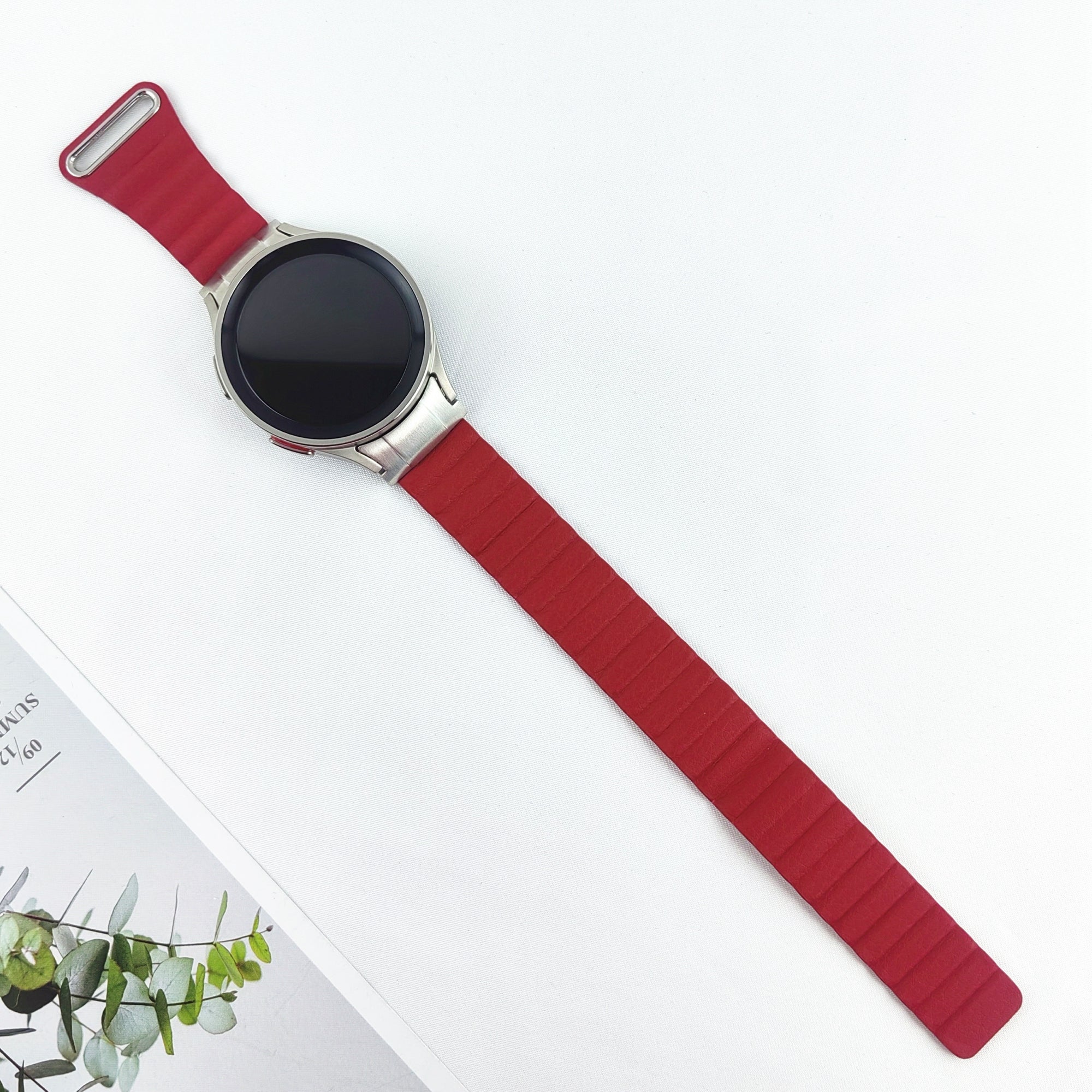 Magnetic Watch Band for Samsung Galaxy Watch6 40mm 44mm / Watch6 Classic 43mm 47mm / Watch 5 40mm 44mm / Watch4 40mm 44mm Genuine Leather Strap with Connector - Red