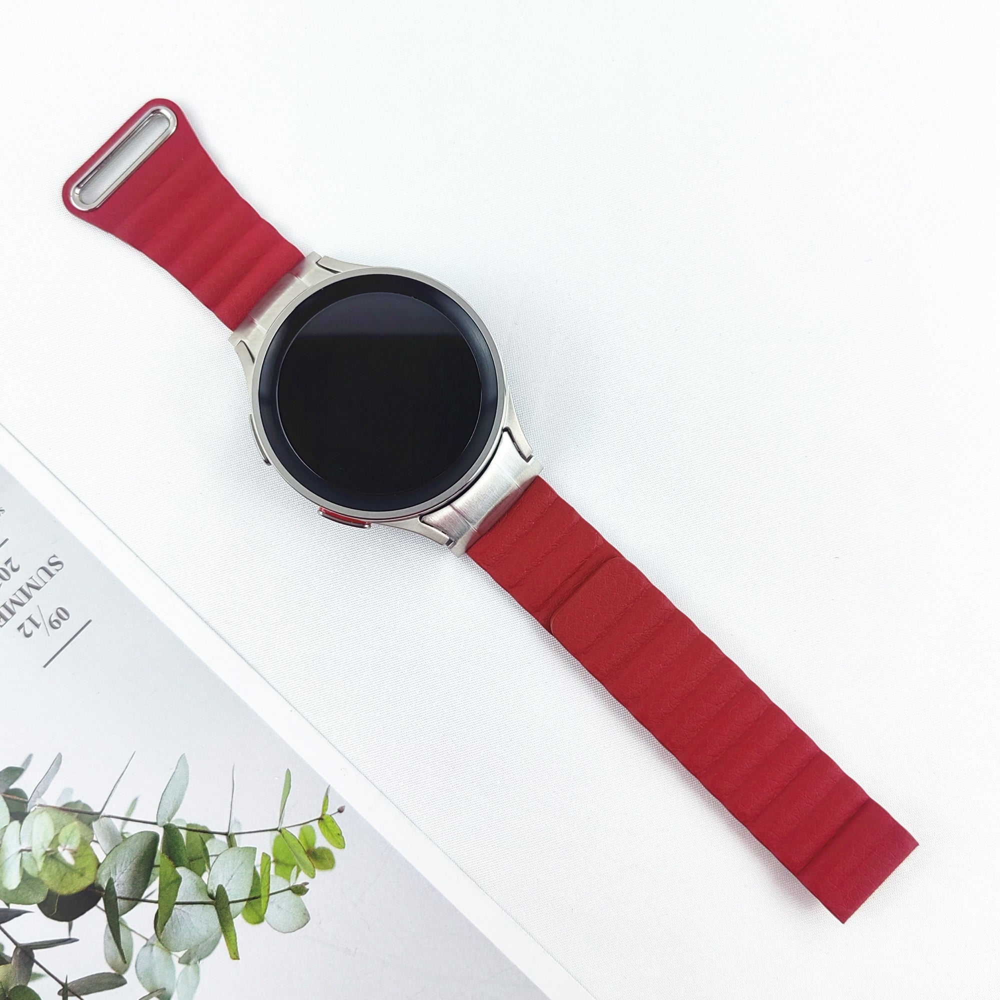 Magnetic Watch Band for Samsung Galaxy Watch6 40mm 44mm / Watch6 Classic 43mm 47mm / Watch 5 40mm 44mm / Watch4 40mm 44mm Genuine Leather Strap with Connector - Red