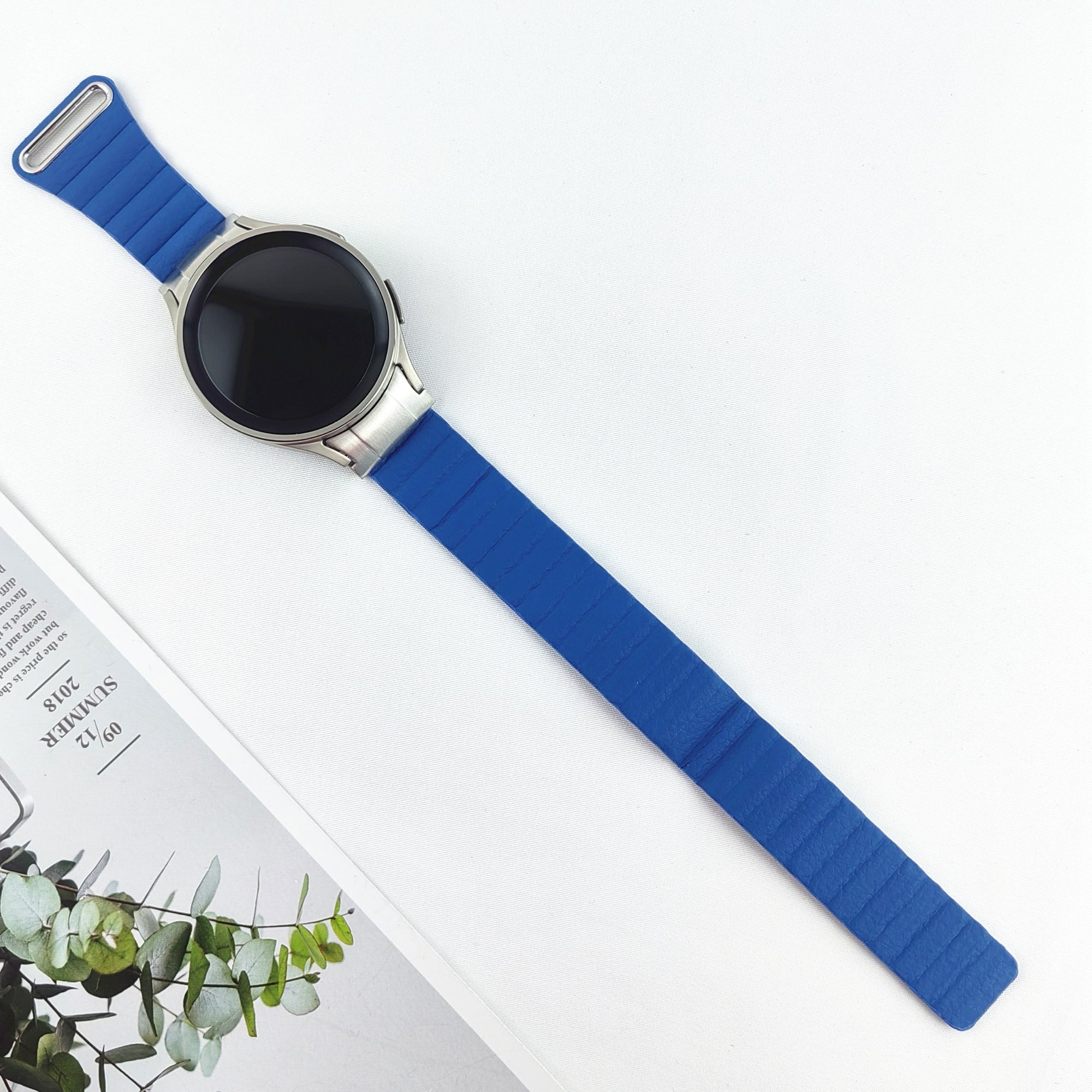 Magnetic Watch Band for Samsung Galaxy Watch6 40mm 44mm / Watch6 Classic 43mm 47mm / Watch 5 40mm 44mm / Watch4 40mm 44mm Genuine Leather Strap with Connector - Ocean Blue