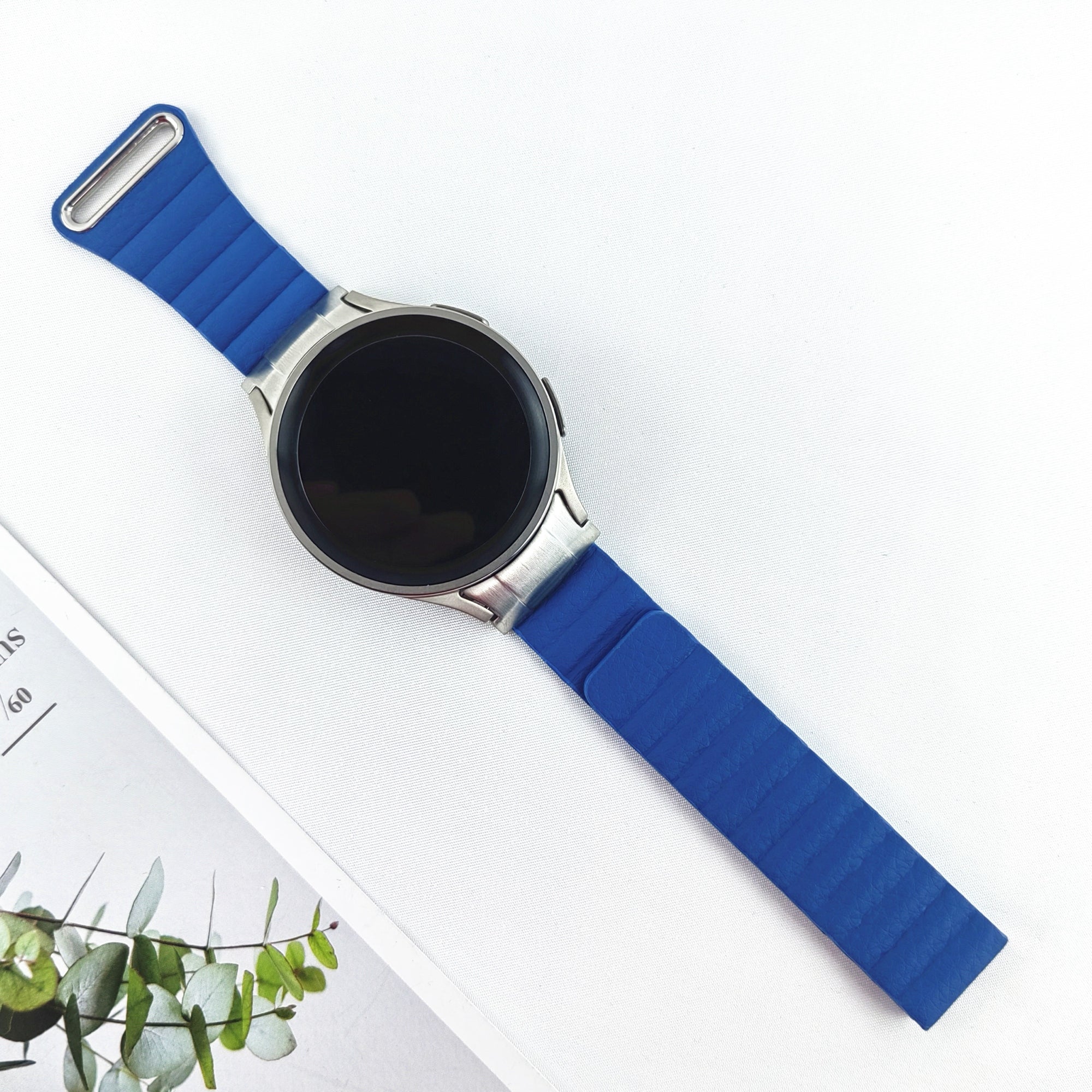 Magnetic Watch Band for Samsung Galaxy Watch6 40mm 44mm / Watch6 Classic 43mm 47mm / Watch 5 40mm 44mm / Watch4 40mm 44mm Genuine Leather Strap with Connector - Ocean Blue