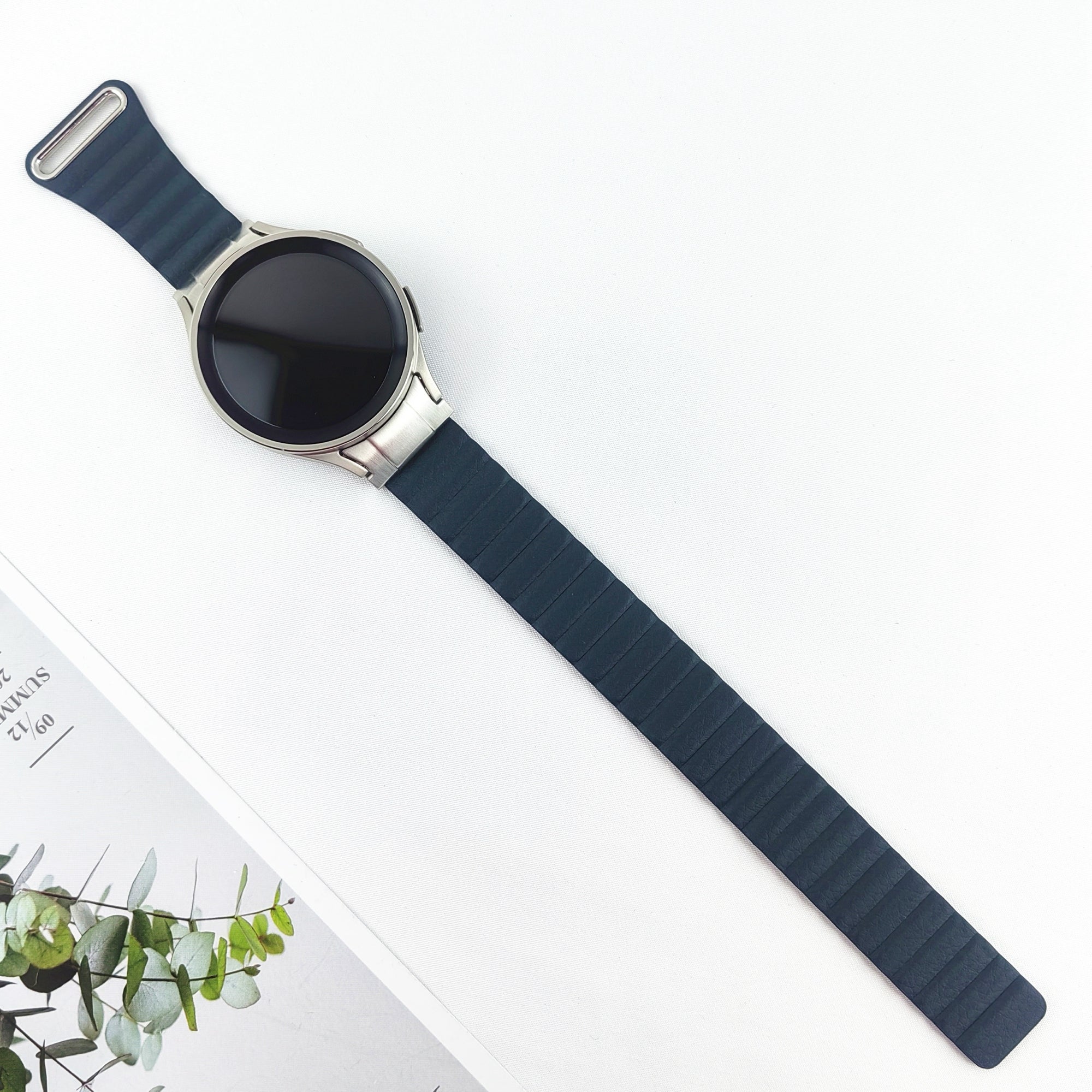 Magnetic Watch Band for Samsung Galaxy Watch6 40mm 44mm / Watch6 Classic 43mm 47mm / Watch 5 40mm 44mm / Watch4 40mm 44mm Genuine Leather Strap with Connector - Pine Needle Green