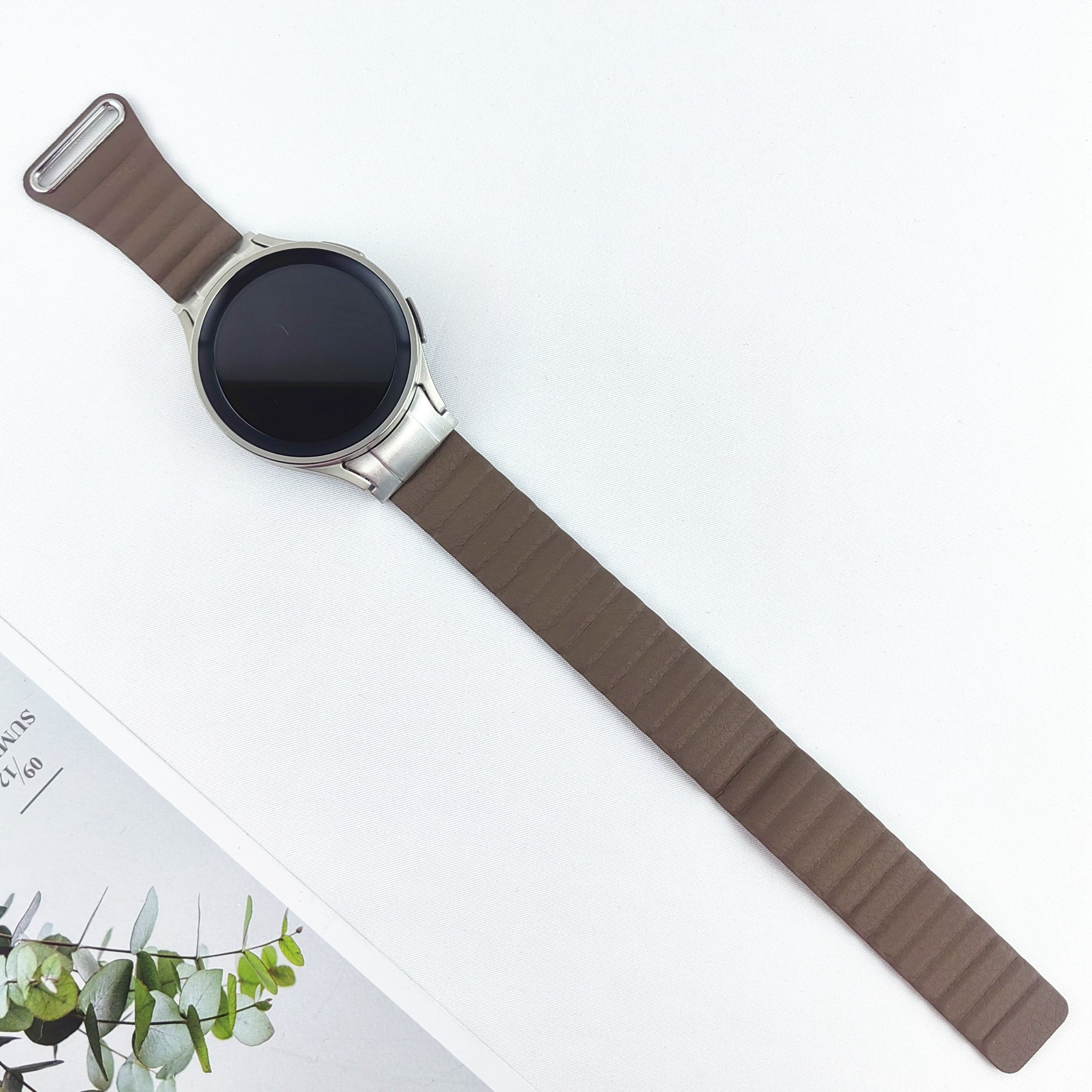 Magnetic Watch Band for Samsung Galaxy Watch6 40mm 44mm / Watch6 Classic 43mm 47mm / Watch 5 40mm 44mm / Watch4 40mm 44mm Genuine Leather Strap with Connector - Tan