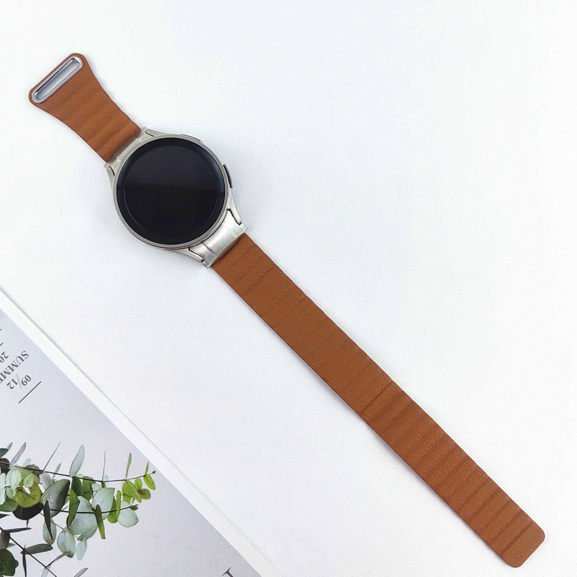 Magnetic Watch Band for Samsung Galaxy Watch6 40mm 44mm / Watch6 Classic 43mm 47mm / Watch 5 40mm 44mm / Watch4 40mm 44mm Genuine Leather Strap with Connector - Brown