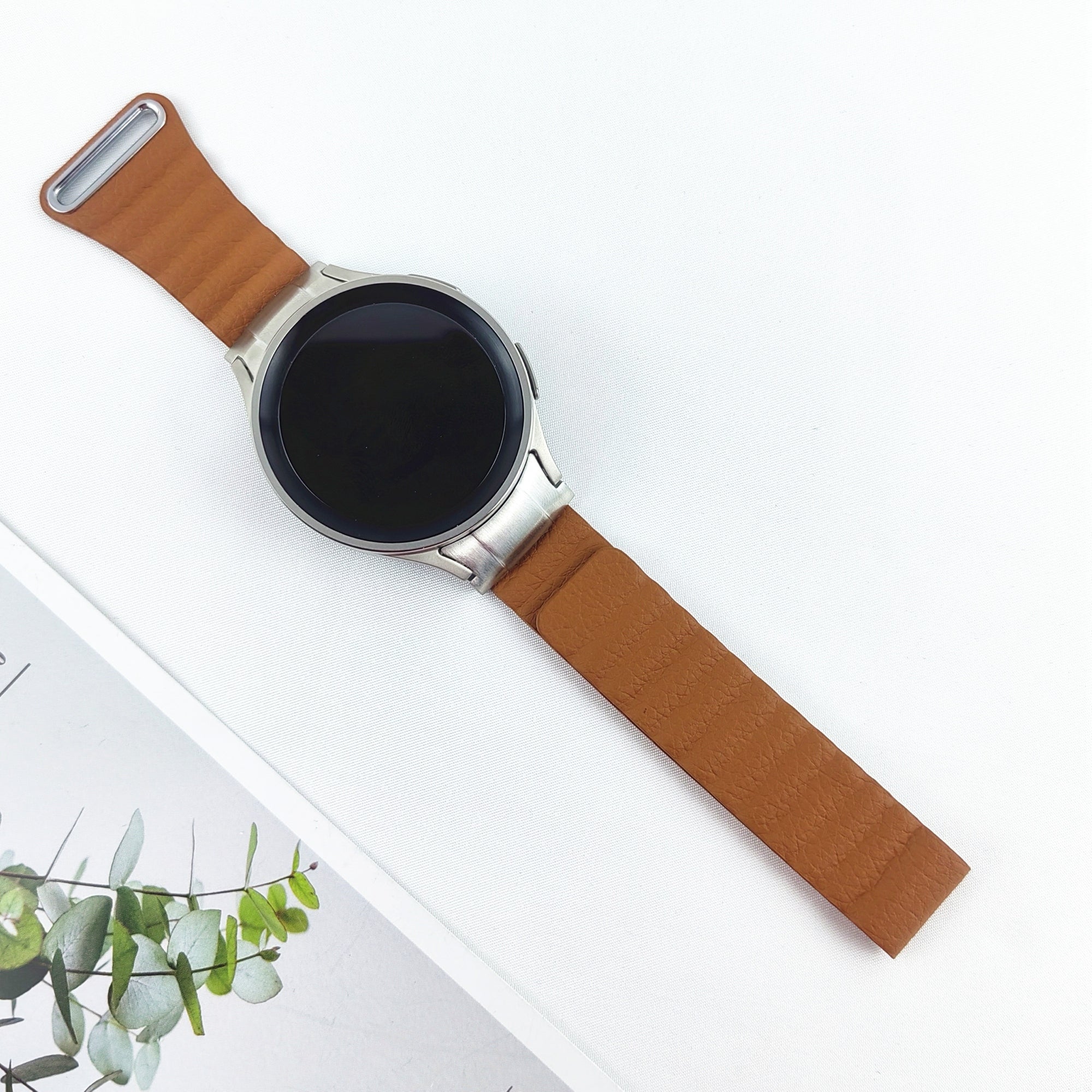 Magnetic Watch Band for Samsung Galaxy Watch6 40mm 44mm / Watch6 Classic 43mm 47mm / Watch 5 40mm 44mm / Watch4 40mm 44mm Genuine Leather Strap with Connector - Brown