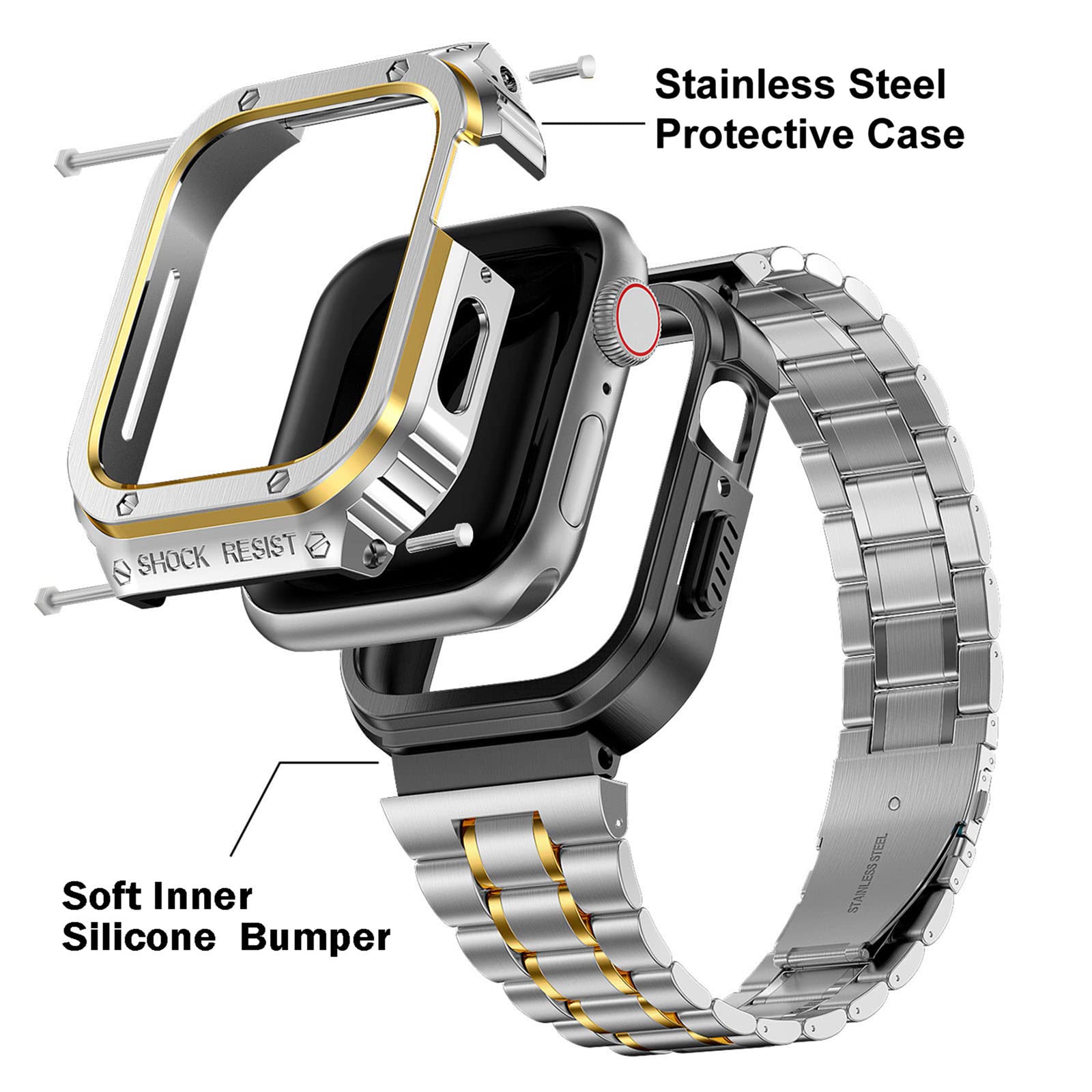 For Apple Watch Series 8 / 7 45mm / Series 6 / 5 / 4 / SE (2022) / SE 44mm 5 Beads Metal Watch Strap Integral Watch Band with Case - Silver / Gold
