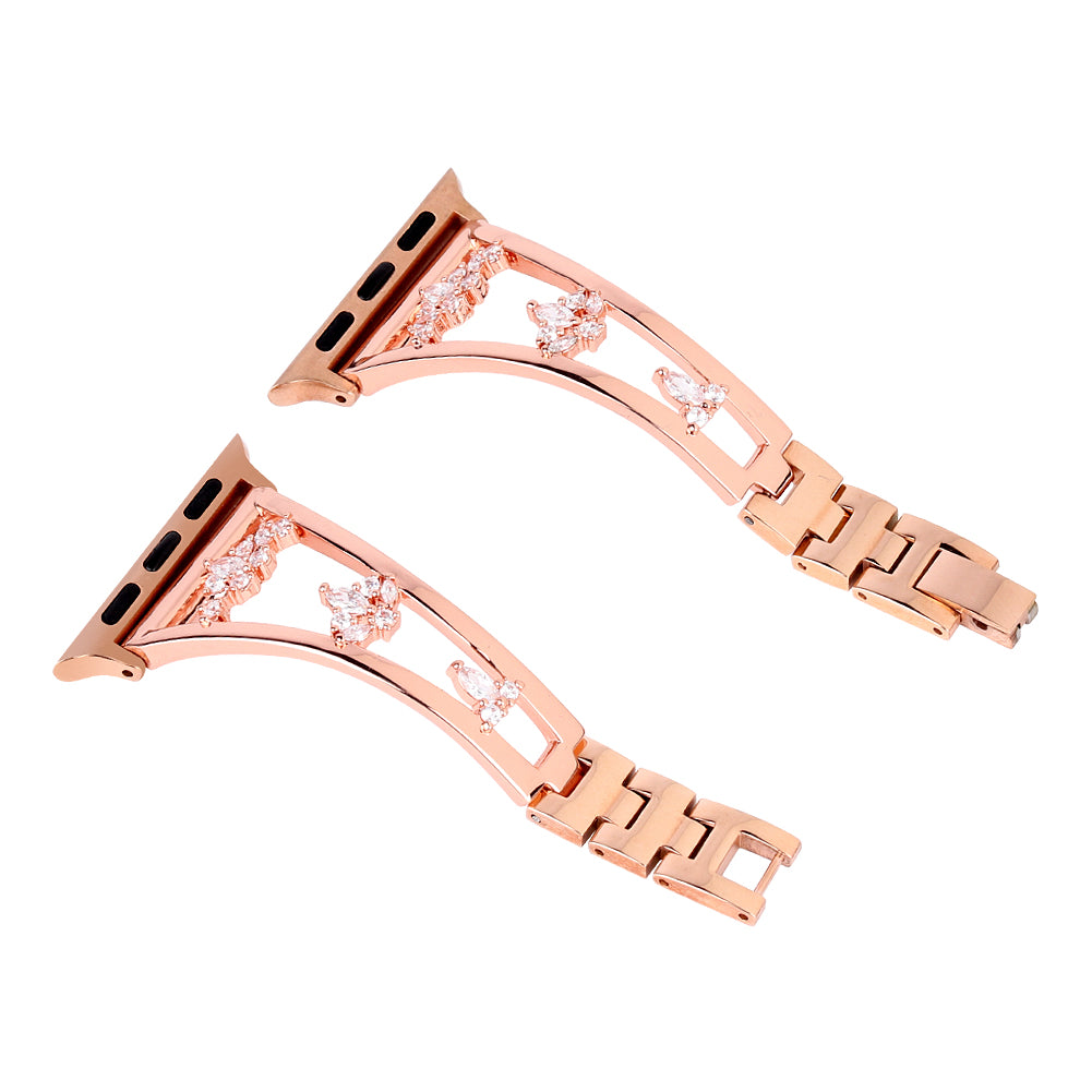 Watch Band for Apple Watch Ultra 49mm / Series 8 7 45mm / Series 6 5 4 SE (2022) SE 44mm / Series 3 2 1 42mm , Zircon Decor Copper Metal Strap - Rose Gold