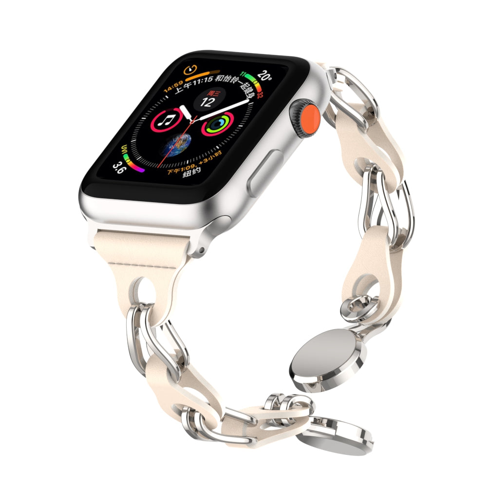 for Apple Watch Ultra 49mm  /  Series 8 7 45mm  /  6 5 4 SE (2022) SE 44mm  /  3 2 1 42mm Leather+Stainless Steel Chain Magnetic Buckle Watch Strap - Starlight Color