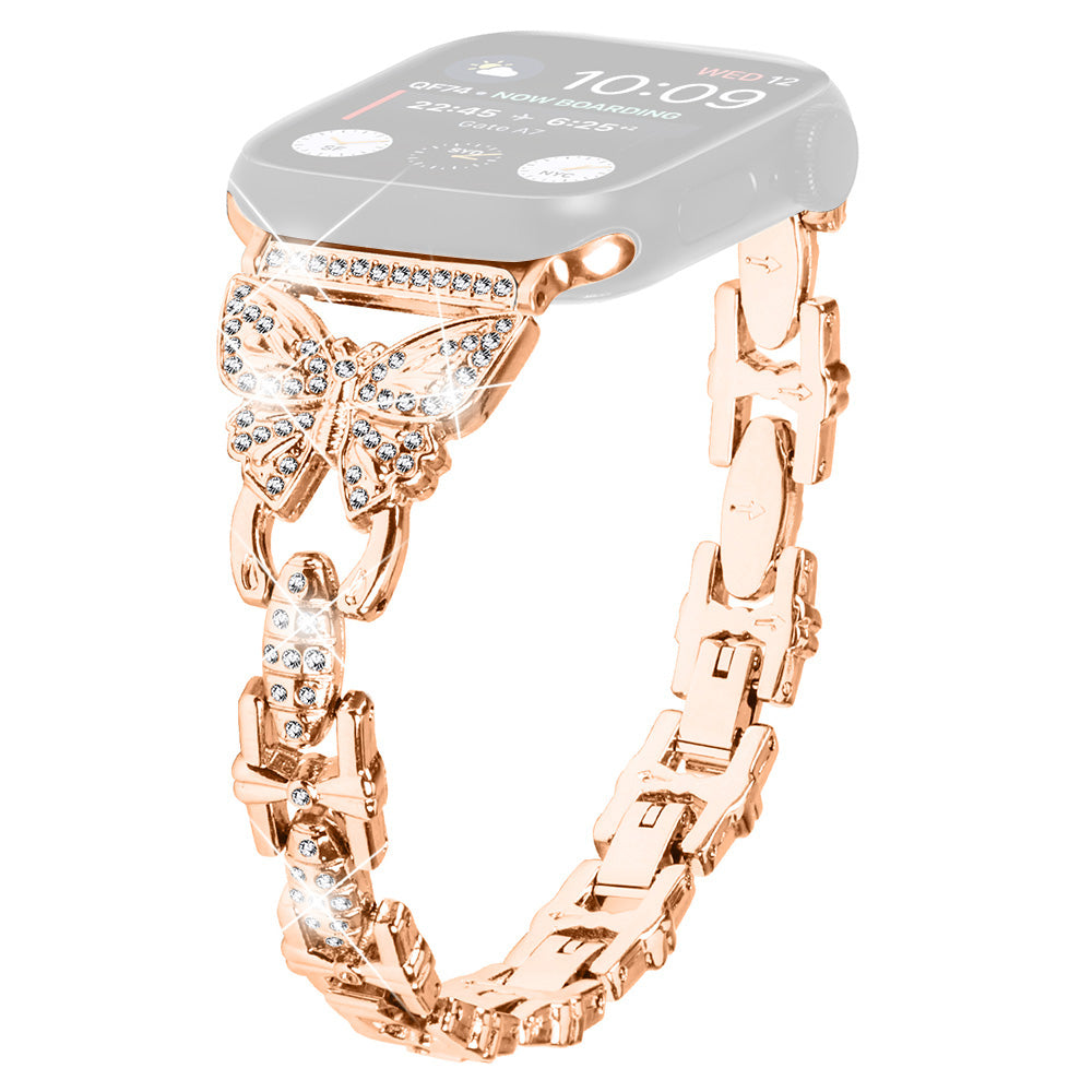 Watch Strap for Apple Watch Series 8 7 41mm / Series 6 5 4 SE (2022) SE 40mm / Series 3 2 1 38mm Butterfly Rhinestone Decor Stainless Steel Wristband - Rose Gold