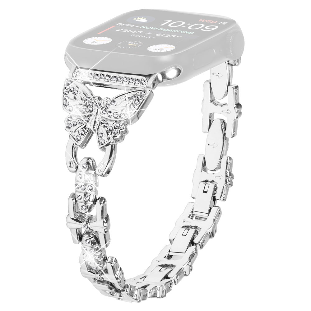 Watch Strap for Apple Watch Series 8 7 41mm / Series 6 5 4 SE (2022) SE 40mm / Series 3 2 1 38mm Butterfly Rhinestone Decor Stainless Steel Wristband - Silver