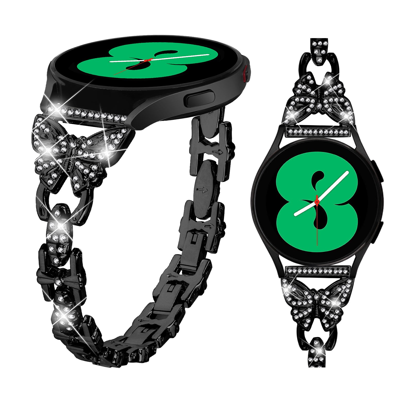 Uniqkart for Samsung Galaxy Watch6 40mm 44mm Stainless Steel Watch Strap Butterfly Rhinestone Decor 20mm Metal Band - Black