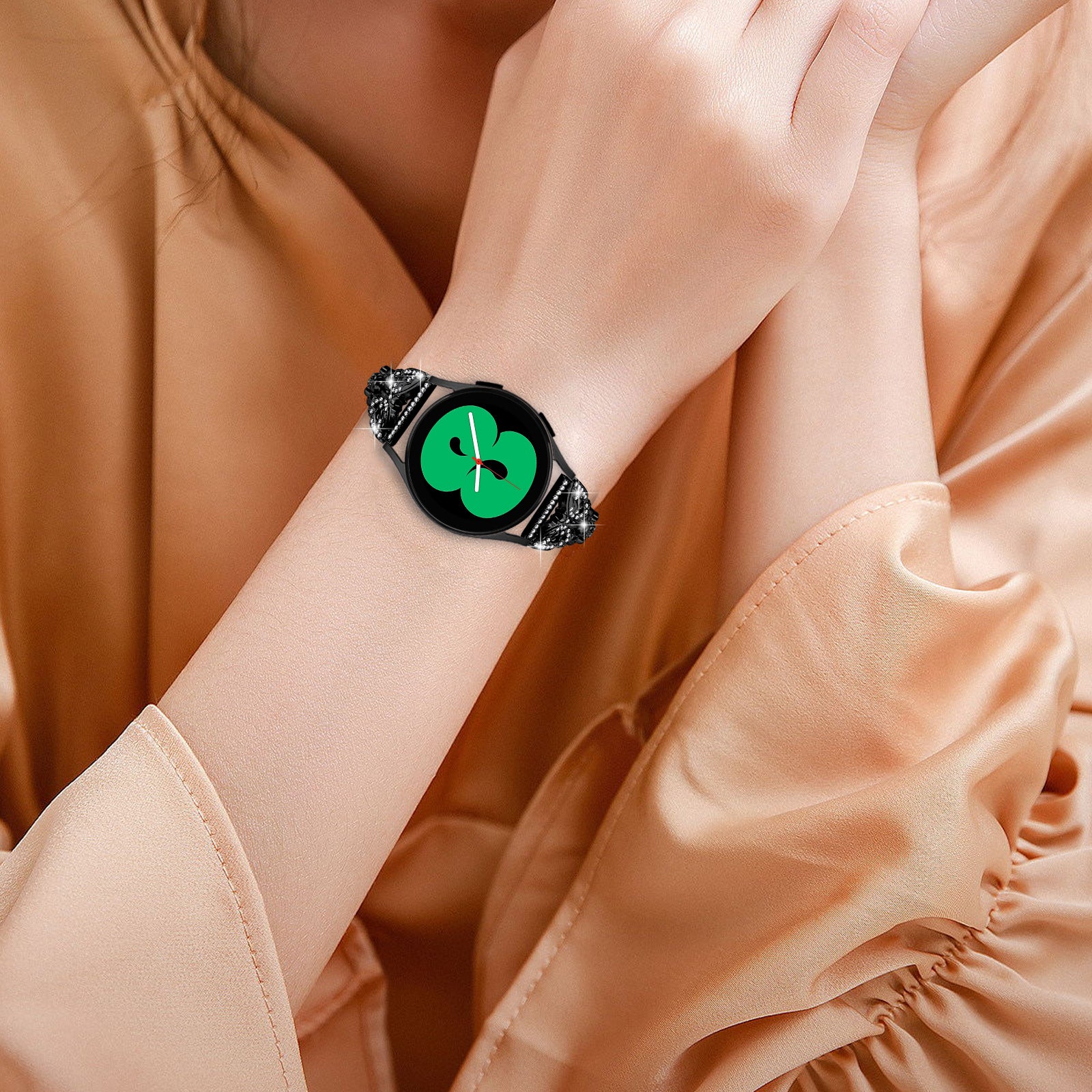 Uniqkart for Samsung Galaxy Watch6 40mm 44mm Stainless Steel Watch Strap Butterfly Rhinestone Decor 20mm Metal Band - Black