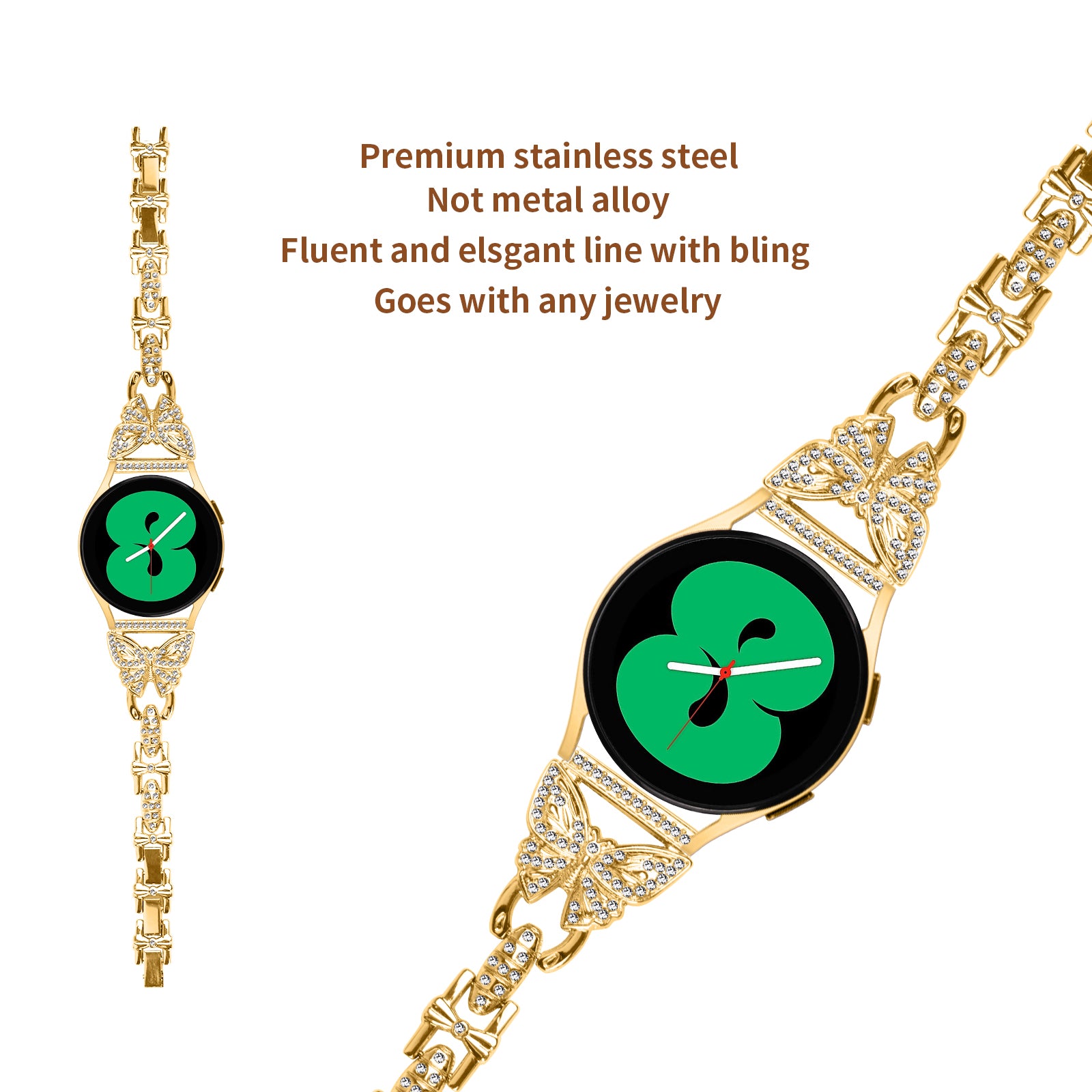 Uniqkart for Samsung Galaxy Watch6 40mm 44mm Stainless Steel Watch Strap Butterfly Rhinestone Decor 20mm Metal Band - Gold