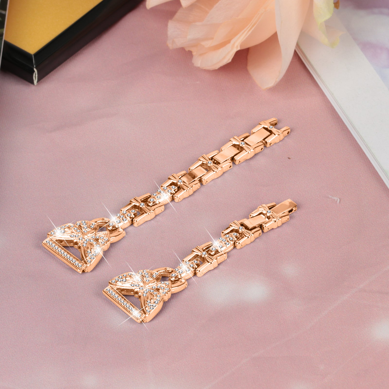 Uniqkart for Samsung Galaxy Watch6 40mm 44mm Stainless Steel Watch Strap Butterfly Rhinestone Decor 20mm Metal Band - Rose Gold