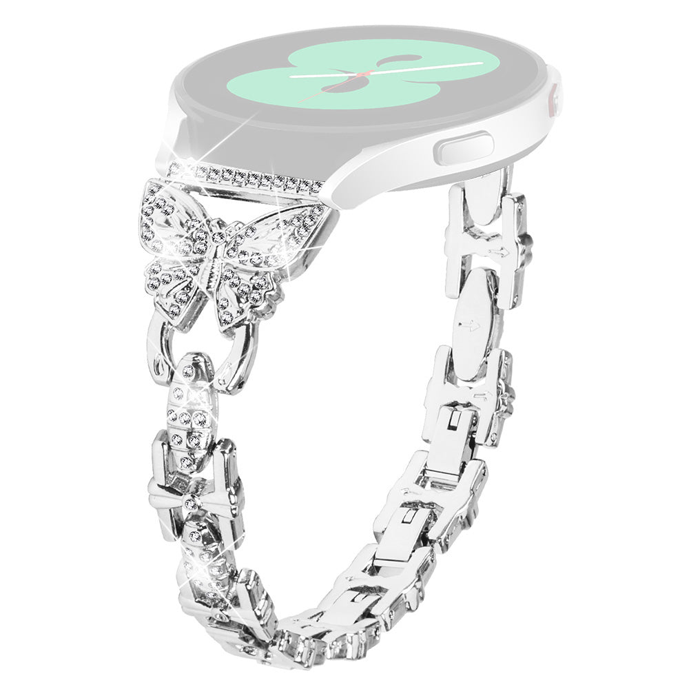 Uniqkart for Samsung Galaxy Watch6 40mm 44mm Stainless Steel Watch Strap Butterfly Rhinestone Decor 20mm Metal Band - Silver