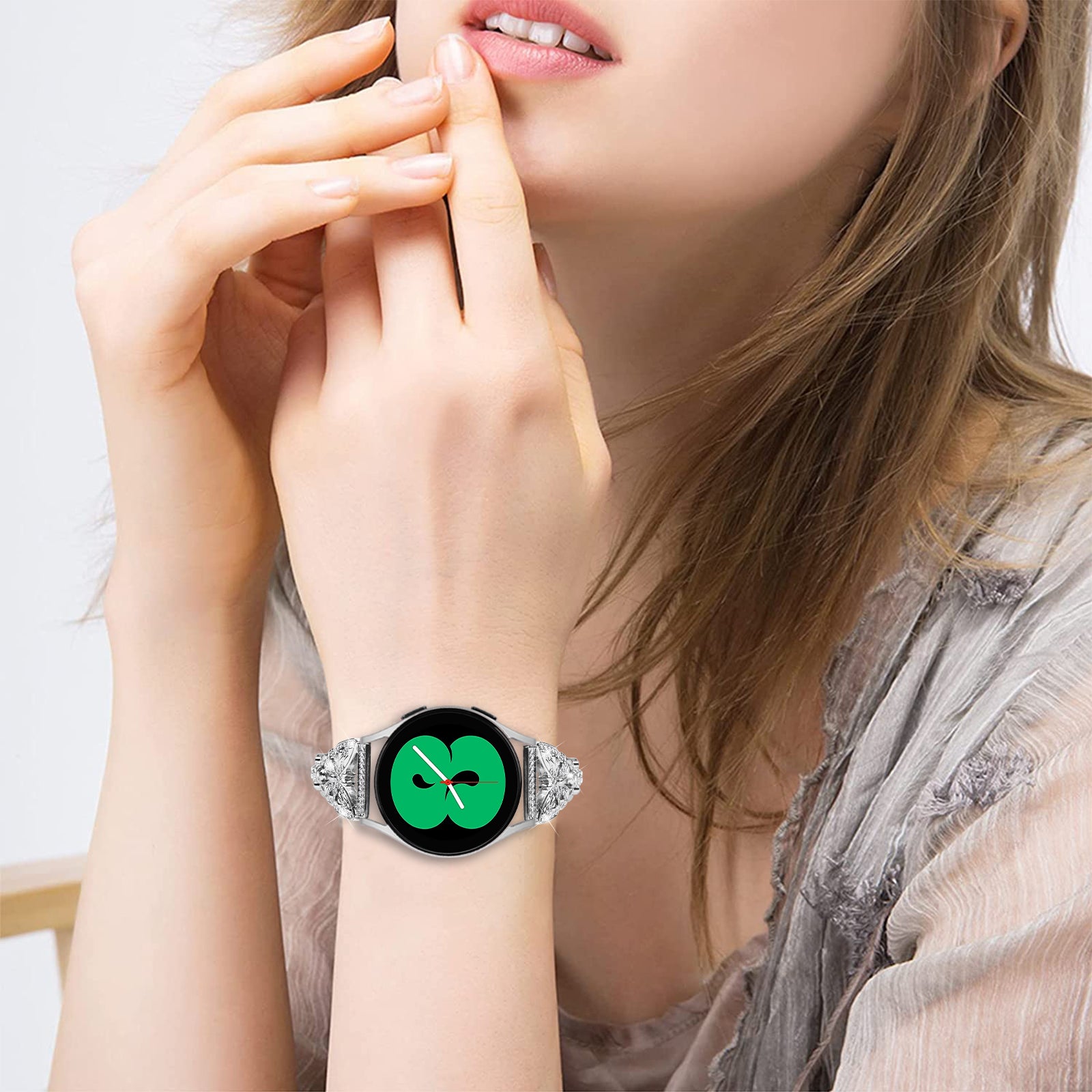 Uniqkart for Samsung Galaxy Watch6 40mm 44mm Stainless Steel Watch Strap Butterfly Rhinestone Decor 20mm Metal Band - Silver