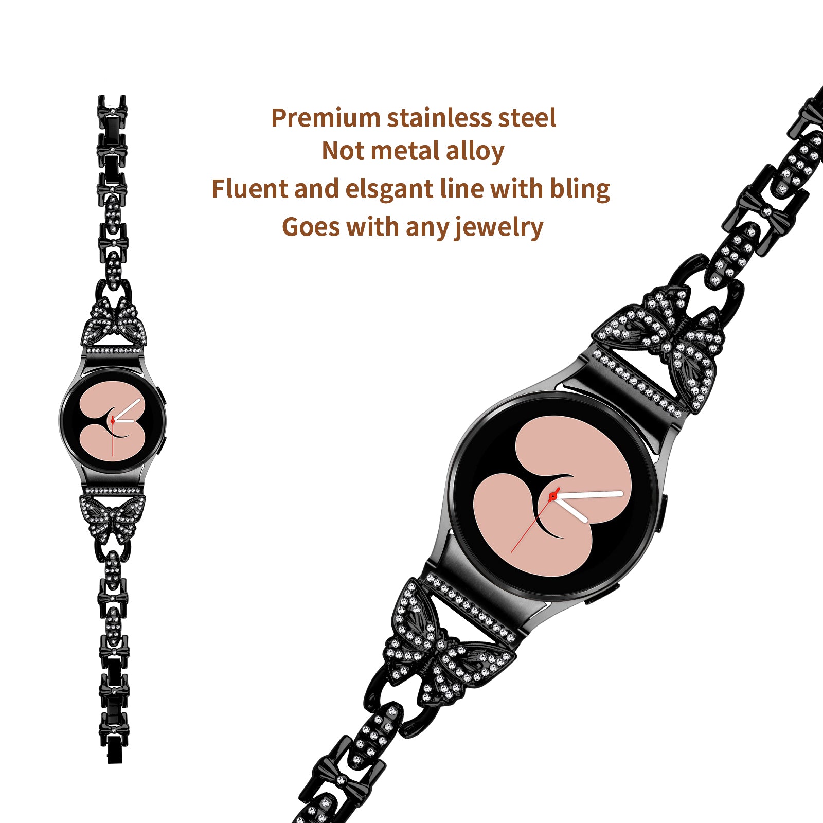 Stainless Steel Band for Samsung Galaxy Watch4 40mm 44mm / Watch4 Classic 42mm 46mm / Watch 5 40mm 44mm , Rhinestone Decor 20mm Watch Strap with Connector - Black