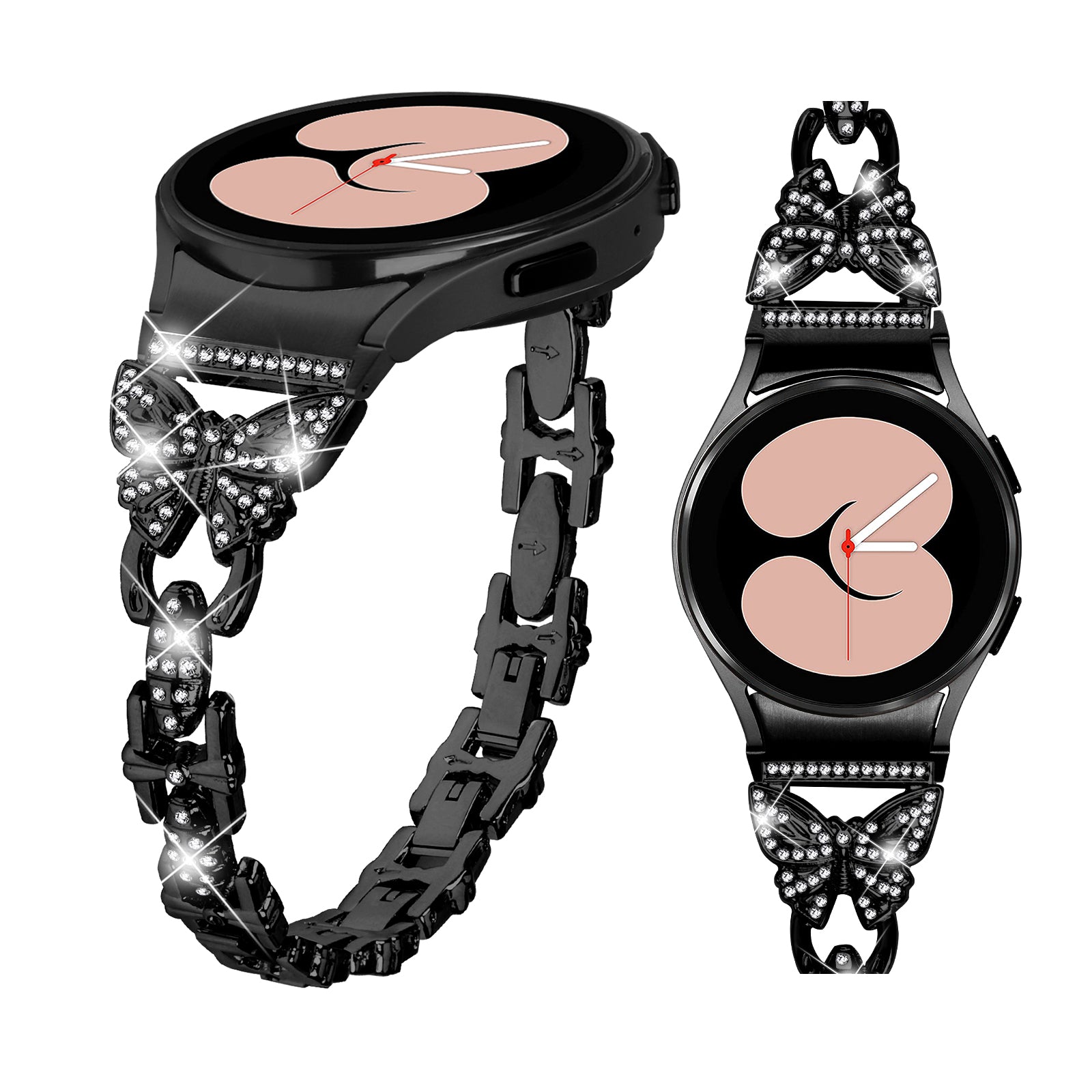 Stainless Steel Band for Samsung Galaxy Watch4 40mm 44mm / Watch4 Classic 42mm 46mm / Watch 5 40mm 44mm , Rhinestone Decor 20mm Watch Strap with Connector - Black