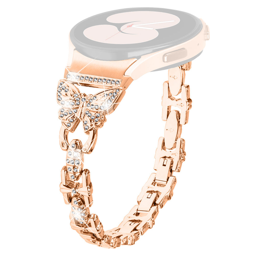 Stainless Steel Band for Samsung Galaxy Watch4 40mm 44mm / Watch4 Classic 42mm 46mm / Watch 5 40mm 44mm , Rhinestone Decor 20mm Watch Strap with Connector - Rose Gold
