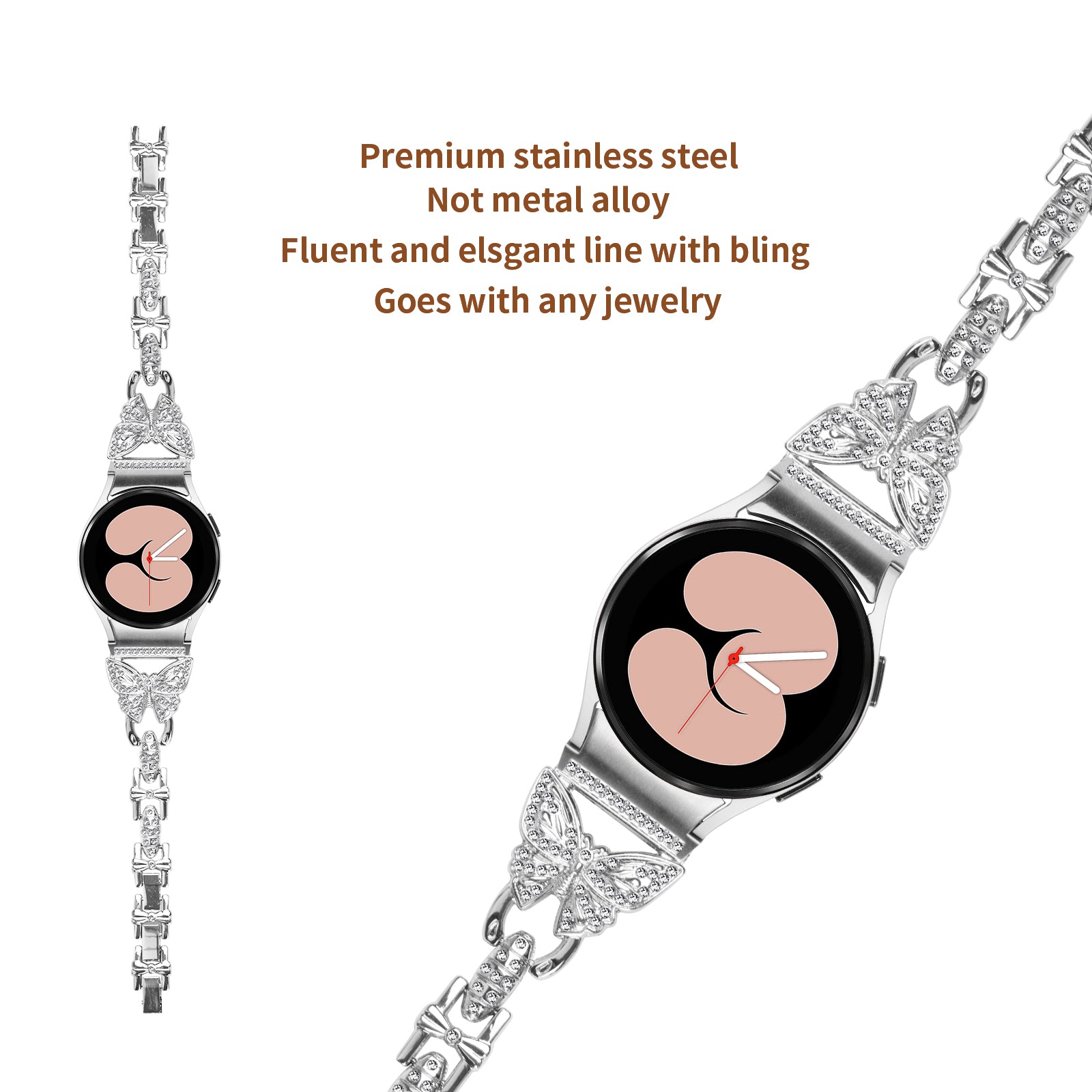 Stainless Steel Band for Samsung Galaxy Watch4 40mm 44mm / Watch4 Classic 42mm 46mm / Watch 5 40mm 44mm , Rhinestone Decor 20mm Watch Strap with Connector - Silver